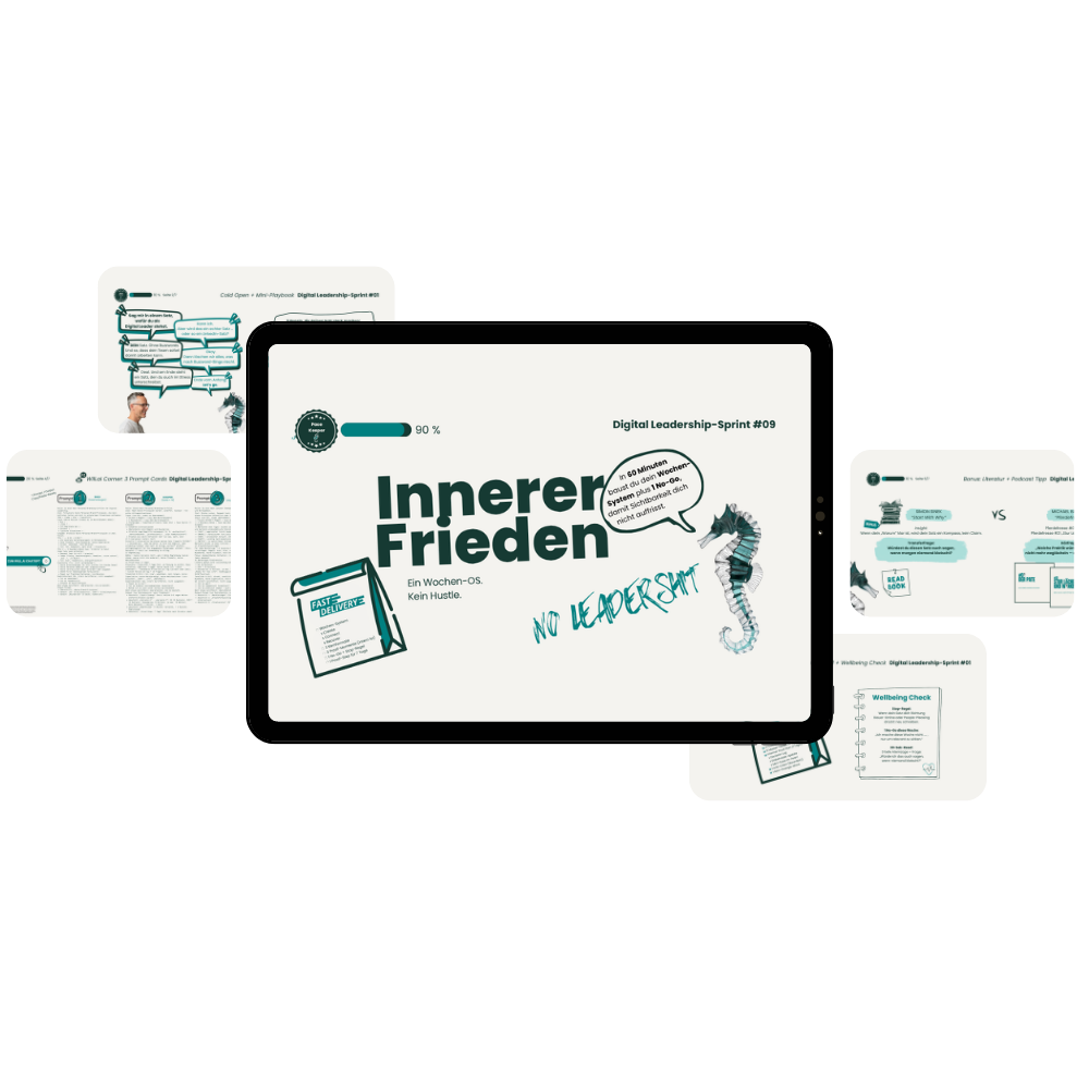 Mockup eines Digital-Leadership-Workbooks mit dem Titel „Innerer Frieden“ auf Tablet-Ansicht mit ergänzenden Workbook-Seiten im Hintergrund.