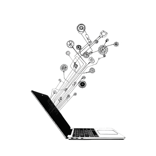 Illustriertes MacBook mit Technikdetails, die aus dem Display springen.