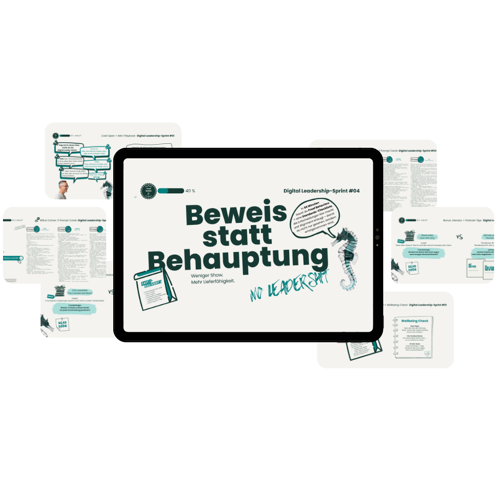 Mockup eines Digital-Leadership-Workbooks mit dem Titel „Beweis statt Behauptung“ auf Tablet-Ansicht mit ergänzenden Workbook-Seiten im Hintergrund.