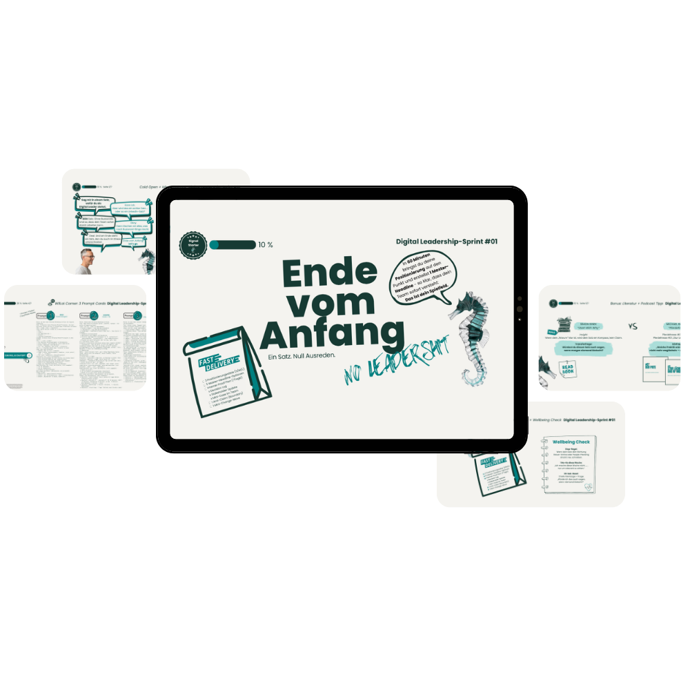 Mockup eines Digital-Leadership-Workbooks mit dem Titel „Ende vom Anfang“ auf Tablet-Ansicht mit ergänzenden Workbook-Seiten im Hintergrund.