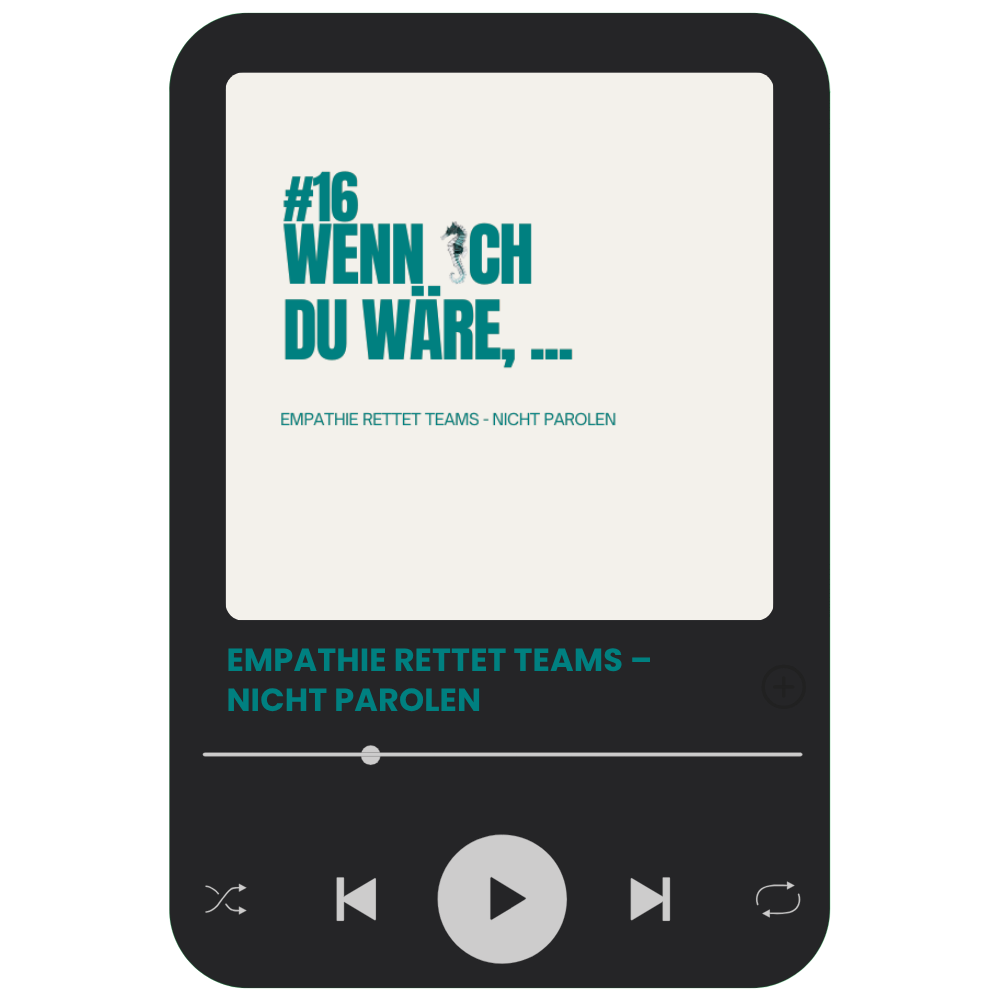 Mockup eines Podcast-Players mit der Folge „Empathie rettet Teams – nicht Parolen“ im minimalistischen Digital-Leadership-Design.