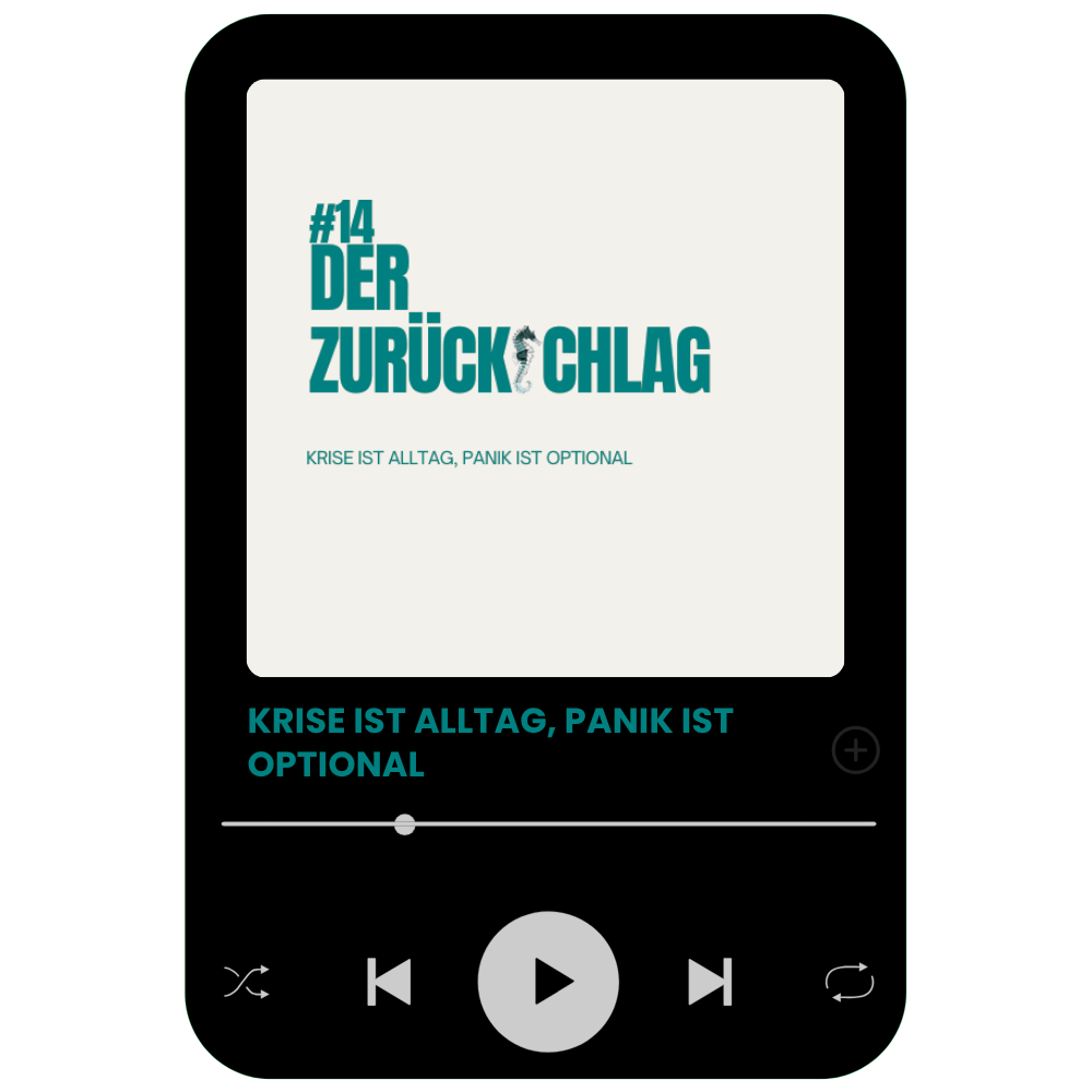 Mockup eines Podcast-Players mit der Folge „Krise ist Alltag, Panik ist optional“ im minimalistischen Digital-Leadership-Design.