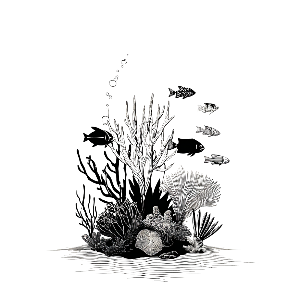 Minimalistische Schwarzweiß-Illustration eines Korallenriffs mit kleinen Fischen, Wasserblasen und Unterwasserpflanzen auf hellem Hintergrund.