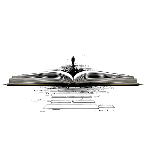 Illustriertes aufgeklapptes Buch. Eine Person ist ganz klein auf dem Buch gezeichnet.