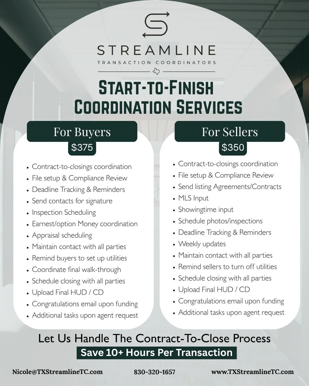 Flyer for Streamline Transaction Coordinators offering start-to-finish coordination services for buyers and sellers, listing prices at $375 and $350 respectively, listing services provided, and contact information.