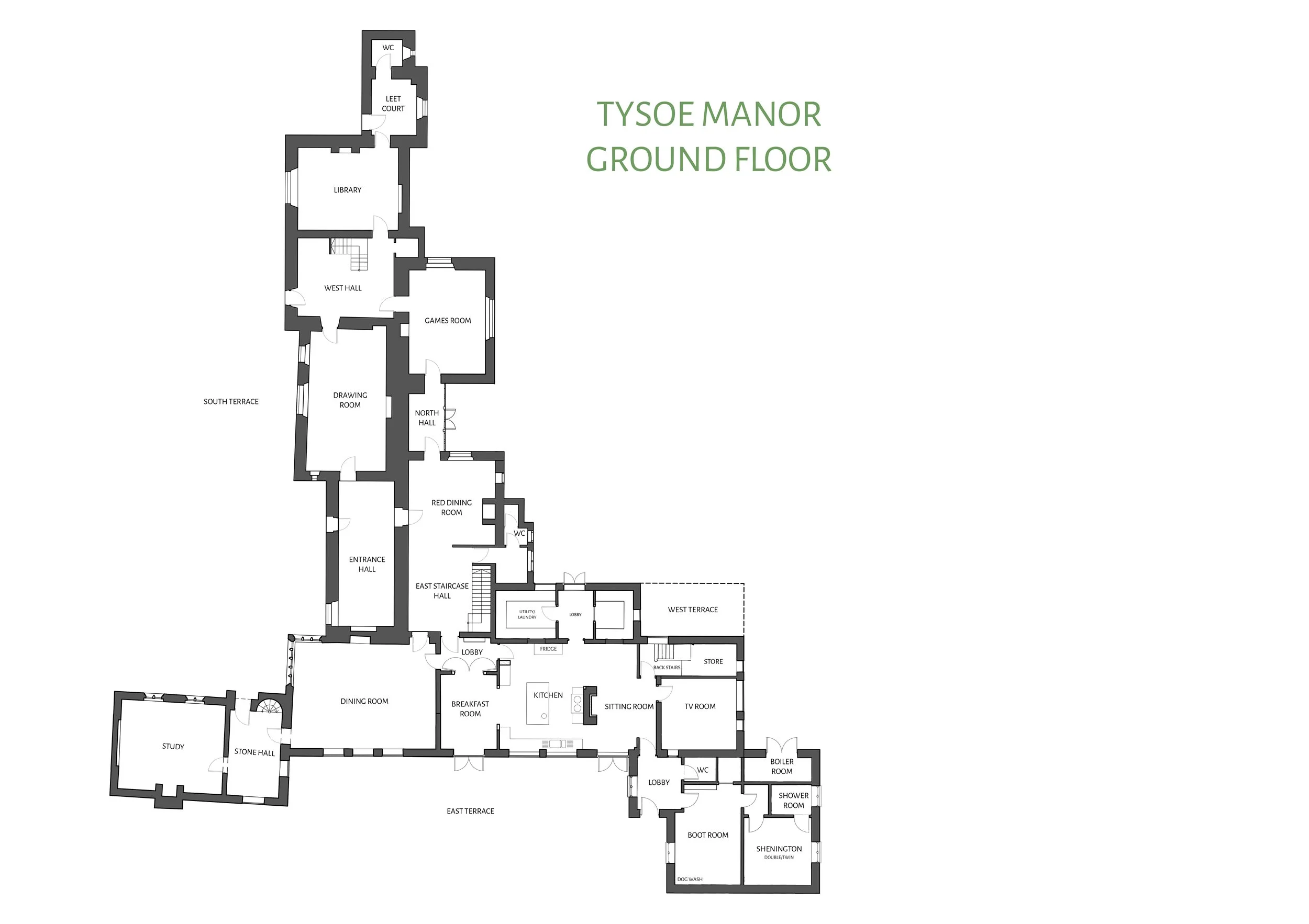 Floor plan of a large house or estate, labeled with various rooms such as library, west hall, drawing room, entrance hall, stone hall, study, kitchen, lounge, and other areas, with green title text "TYSOE MANOR GROUND FLOOR" on the right.