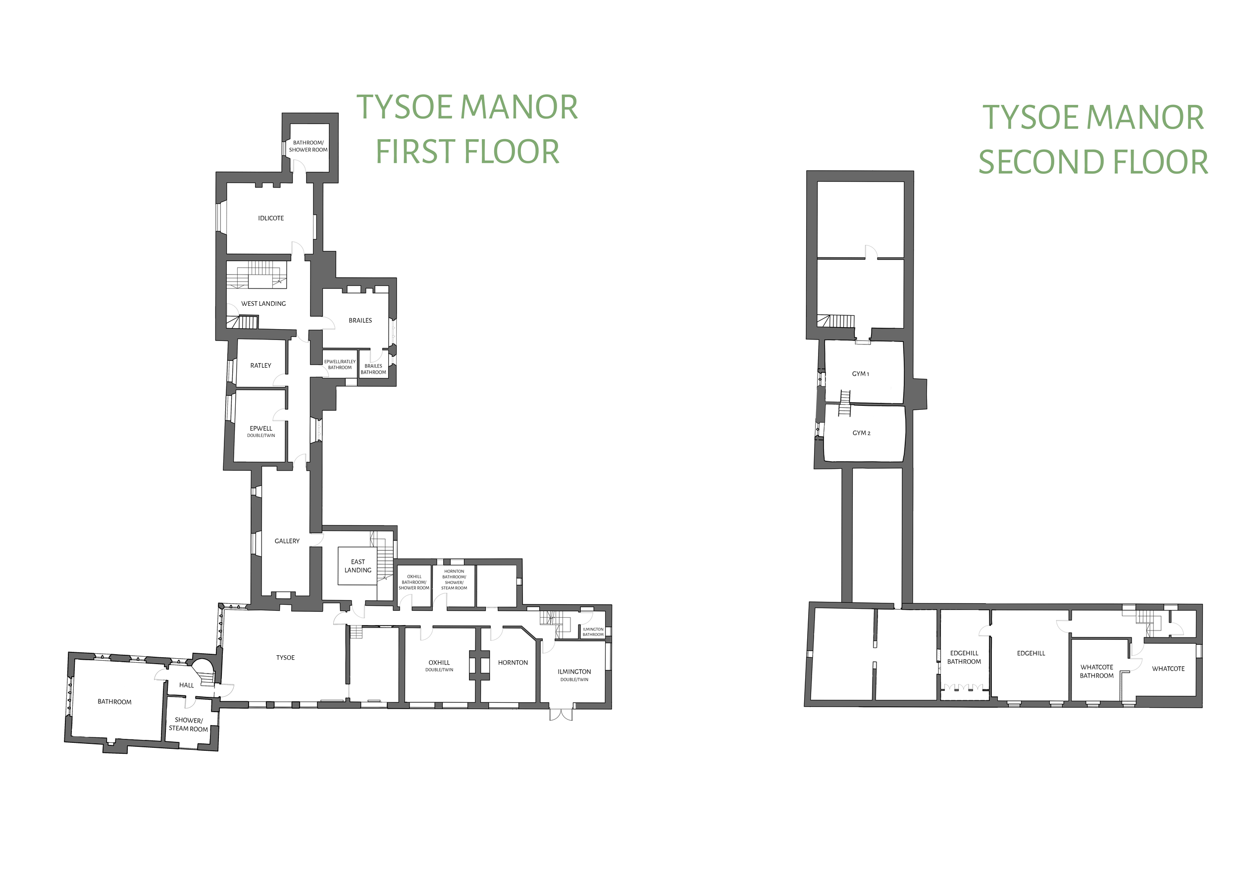 Floor plan of a large building with labeled rooms including bathrooms, bedrooms, gym, and hallways, divided into two sections representing different floors.