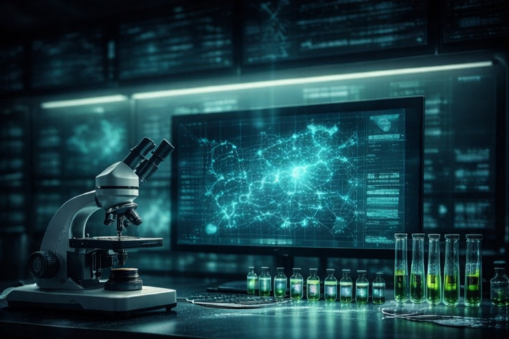 Laboratory with a microscope, test tubes with green liquid, and a computer screen displaying a digital map or network of connected nodes.