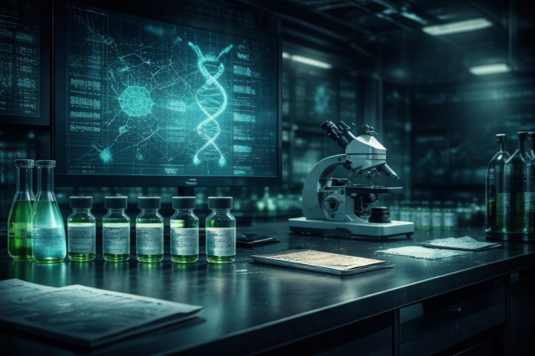 A laboratory workspace with glass bottles containing green liquid, a microscope, and a digital screen displaying DNA and molecular structures.