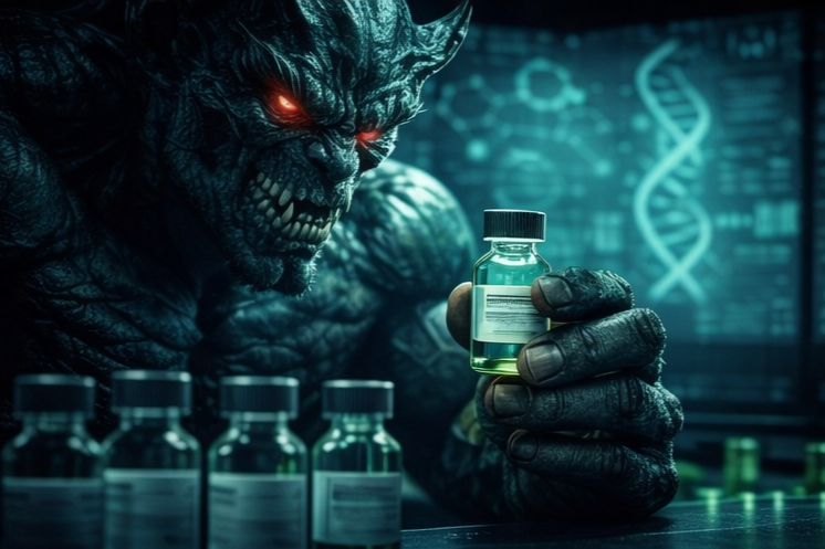 A monstrous creature with glowing red eyes and dark, scaly skin holding a vial of green liquid in a high-tech laboratory.
