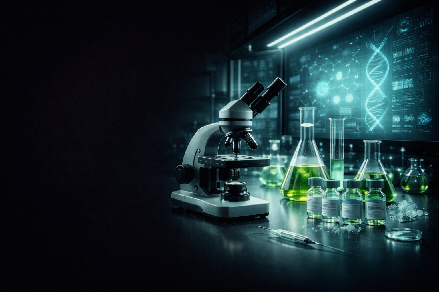 A laboratory workbench with a microscope, several test tubes and bottles filled with green liquid, and a pipette. Background features scientific digital graphics and DNA helix.