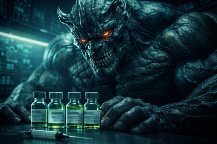 A menacing creature with dark, textured skin, glowing red eyes, sharp teeth, and large muscular arms, crouching behind a table with four small green vials and a syringe.