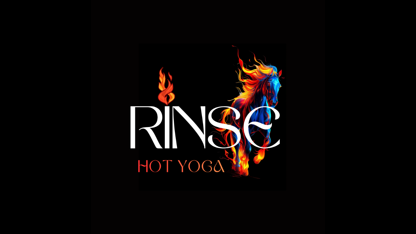 Black background with RINSE in white lettering and HOT YOGA in orange. Flame and fire horse behind the word RINSE.
