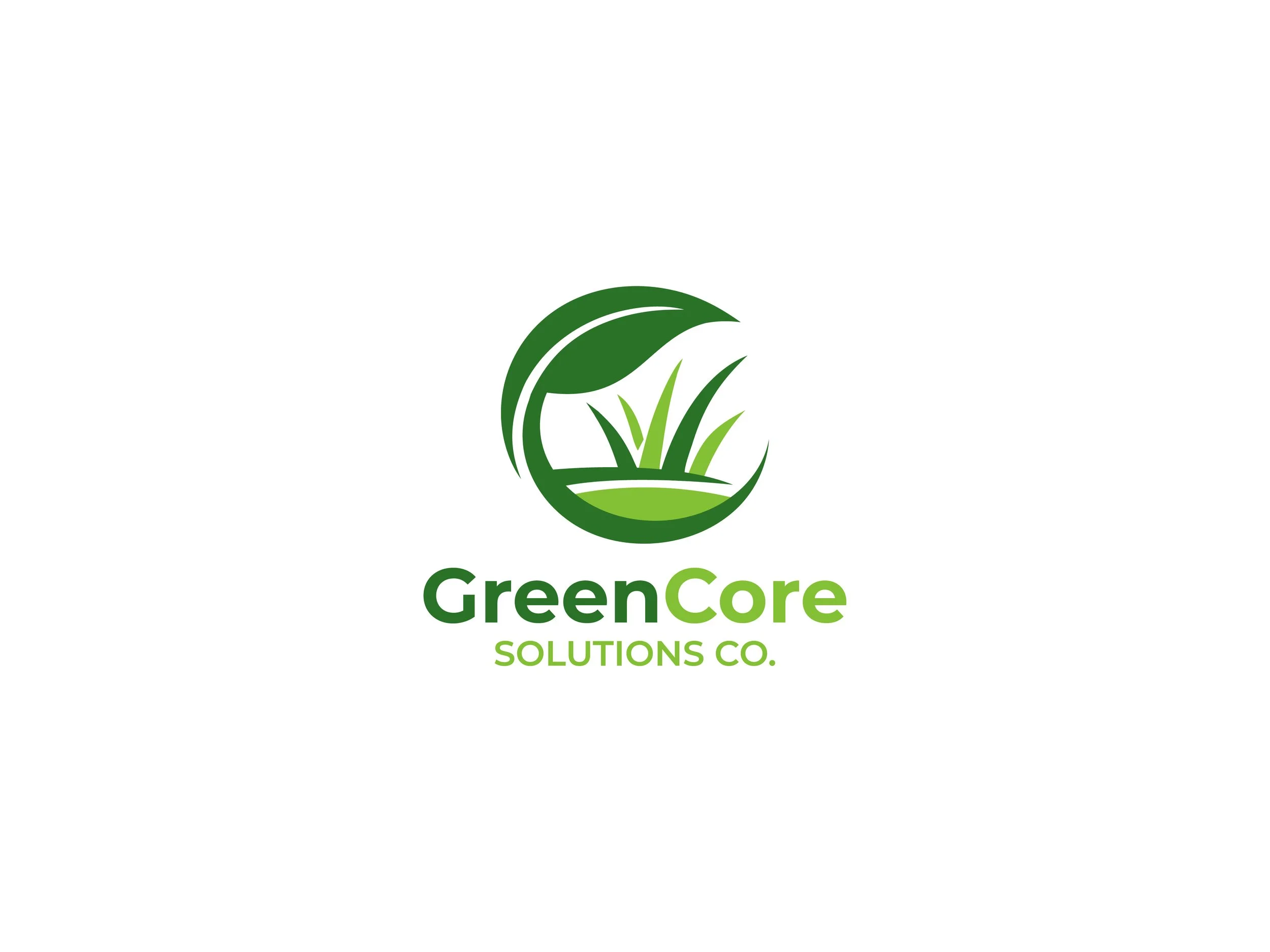 GreenCore Solutions Co. logo with a green circular emblem featuring a leaf and grass illustration, and the company name in green text.