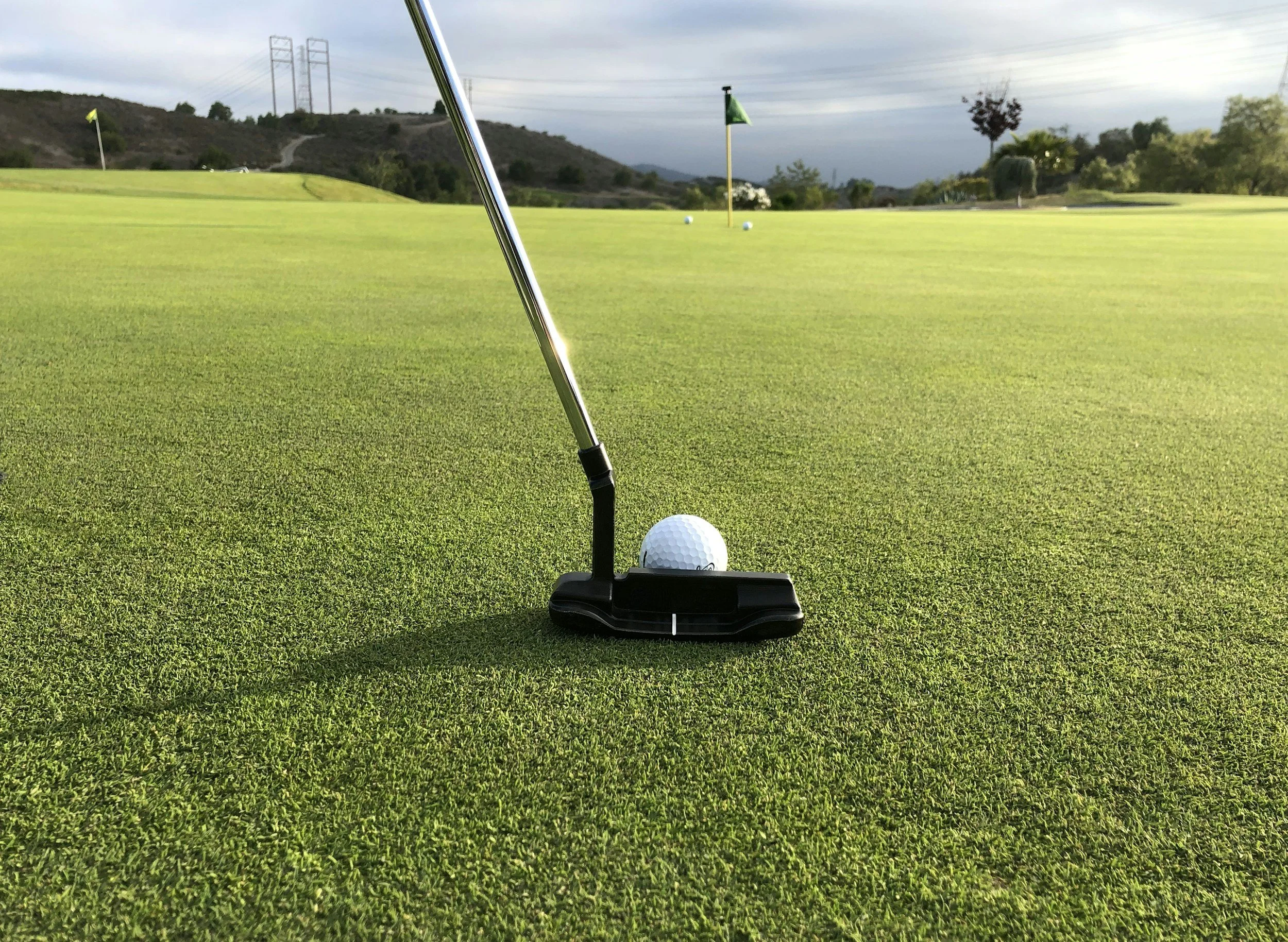 A golf course with a putter and golf ball in the foreground, two golf flags in the distance, and a hilly landscape with trees and power lines under a cloudy sky.