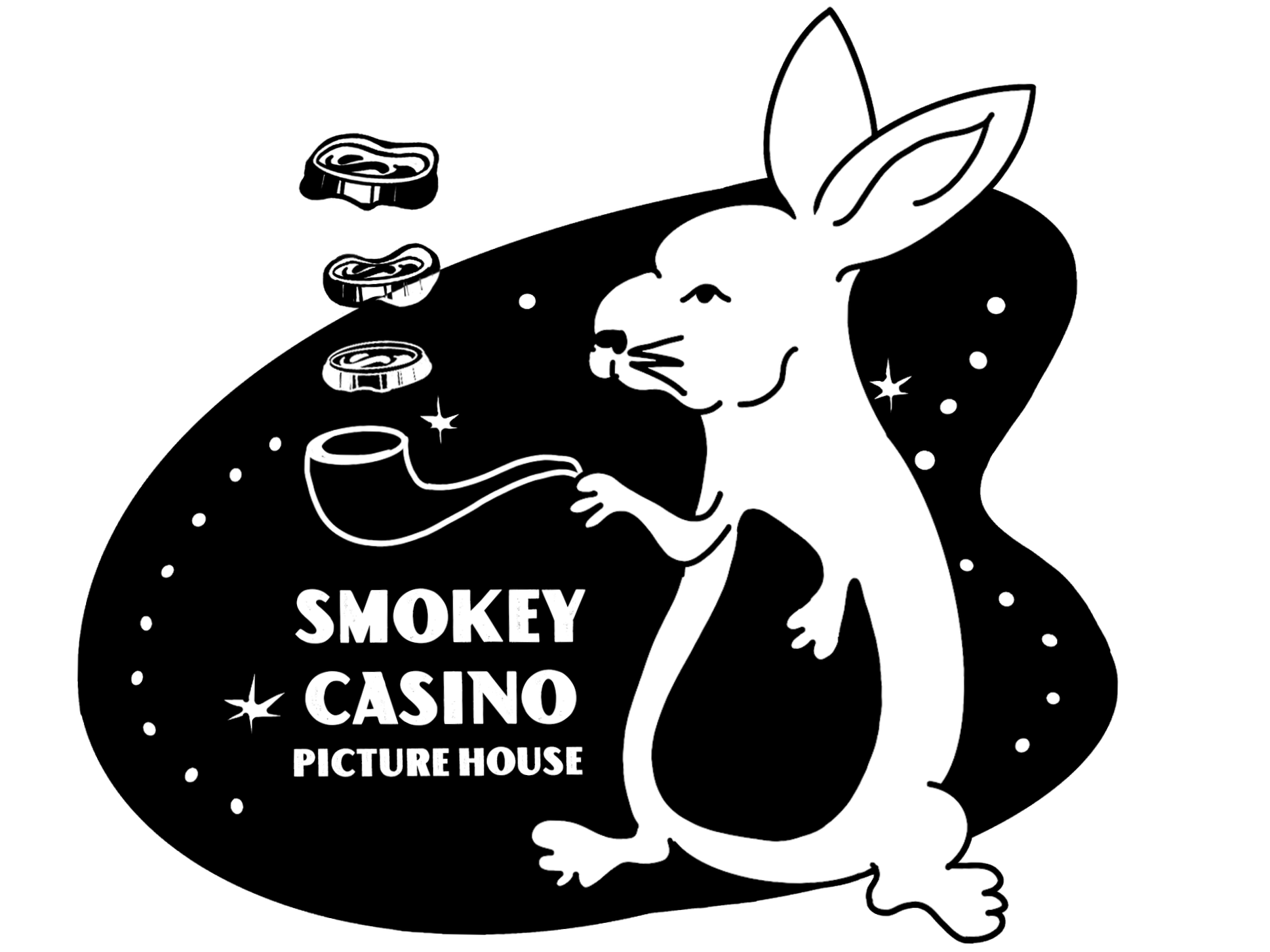 A black and white illustration of a cartoon rabbit, holding a smoking pipe and sitting next to text that reads 'Smokey Casino Picture House'.