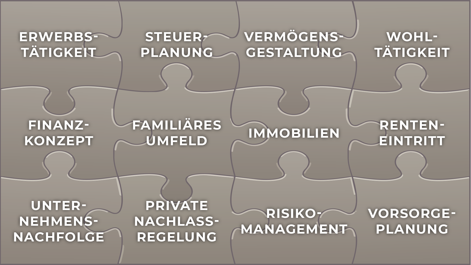 Erwerbstätigkeit, Steuerplanung, Vermögensgestaltung, Wohltätigkeit, Finanzkonzept, Familiäres Umfeld, Immobilien, Renteneintritt, Unternehmensnachfolge, private Nachlassregelung, Risiko-Management und Vorsorgeplanung