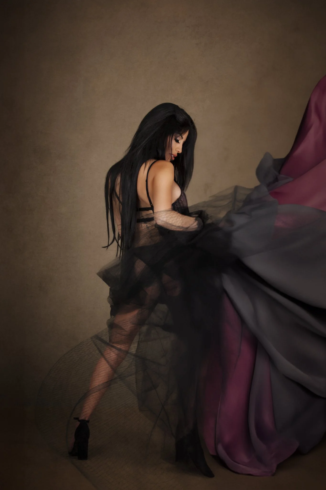 Fine art portrait dramatic movement fabric studio