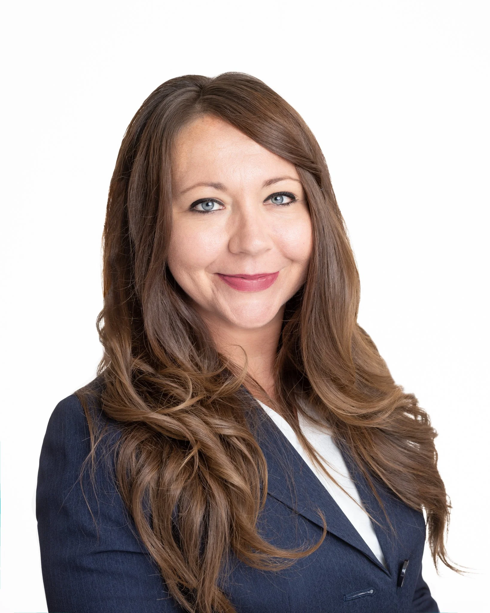 female high key background blue suit