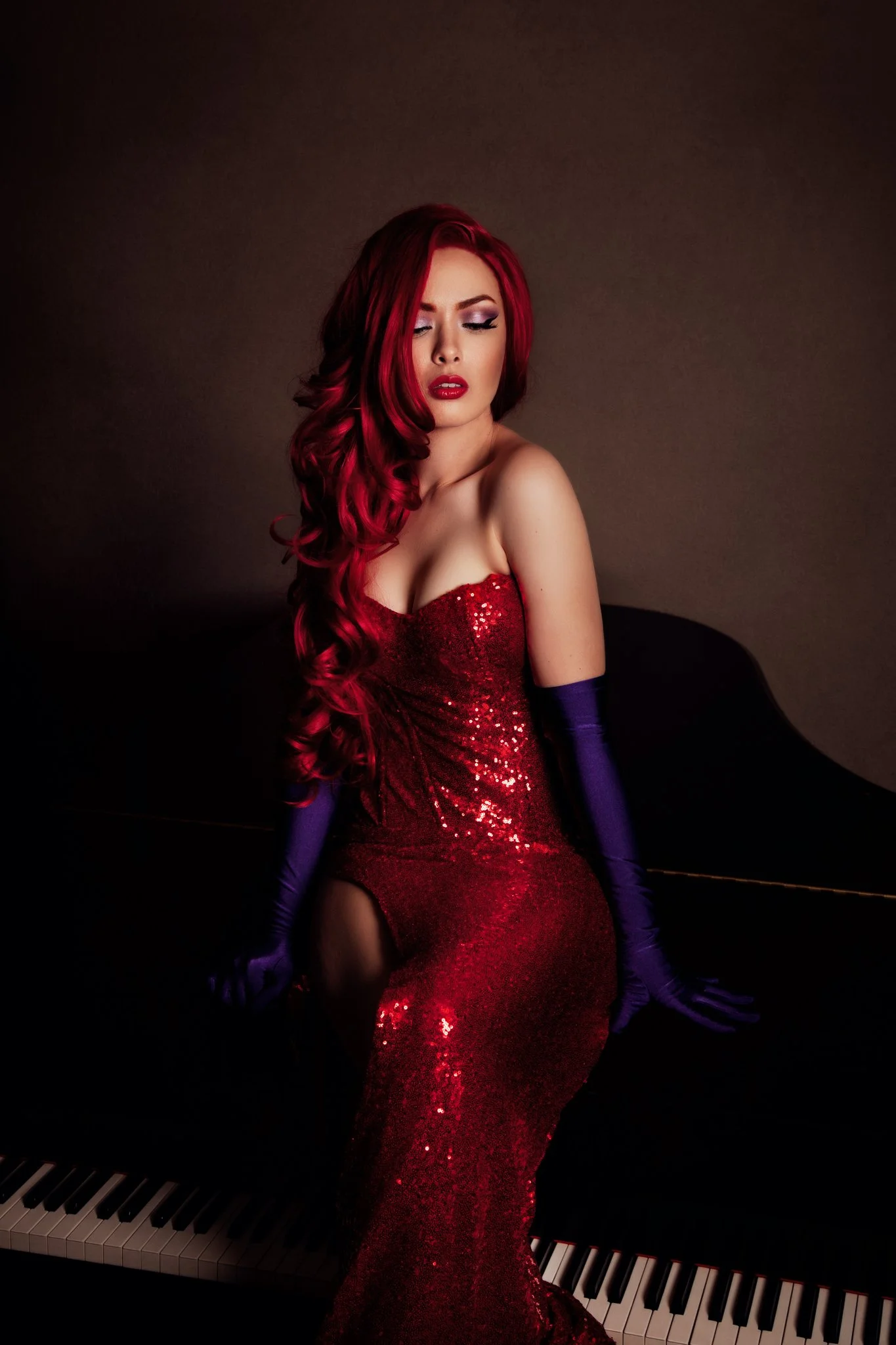 Vintage glamour fine art portrait red sequin dress piano