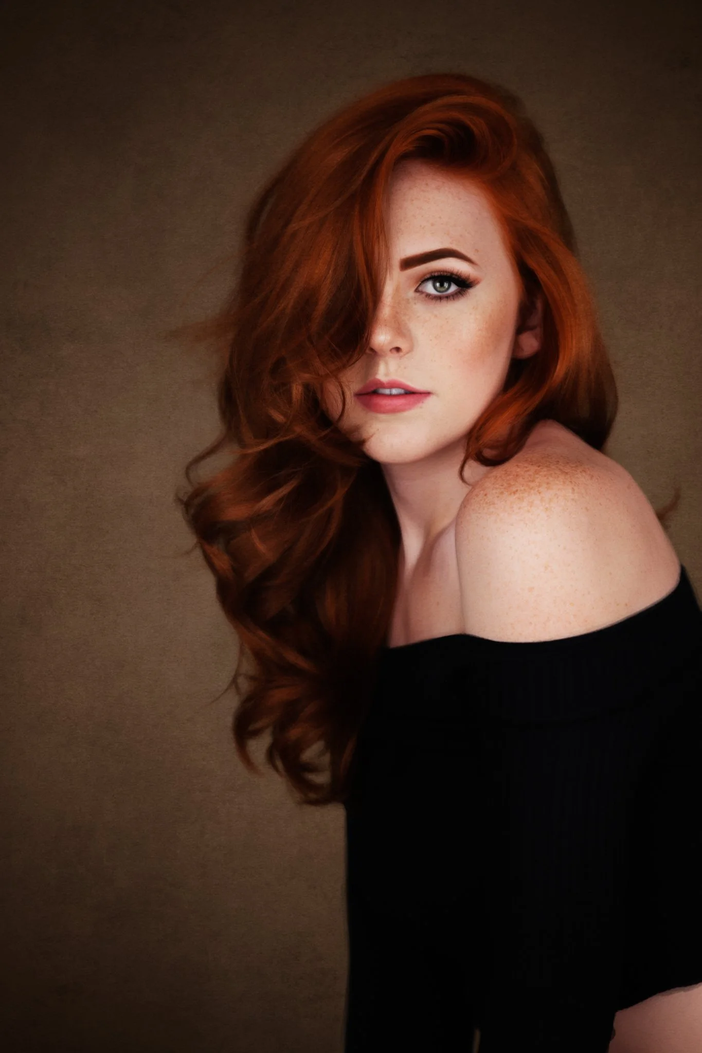 Redhead fine art portrait with soft Rembrandt lighting, Denver