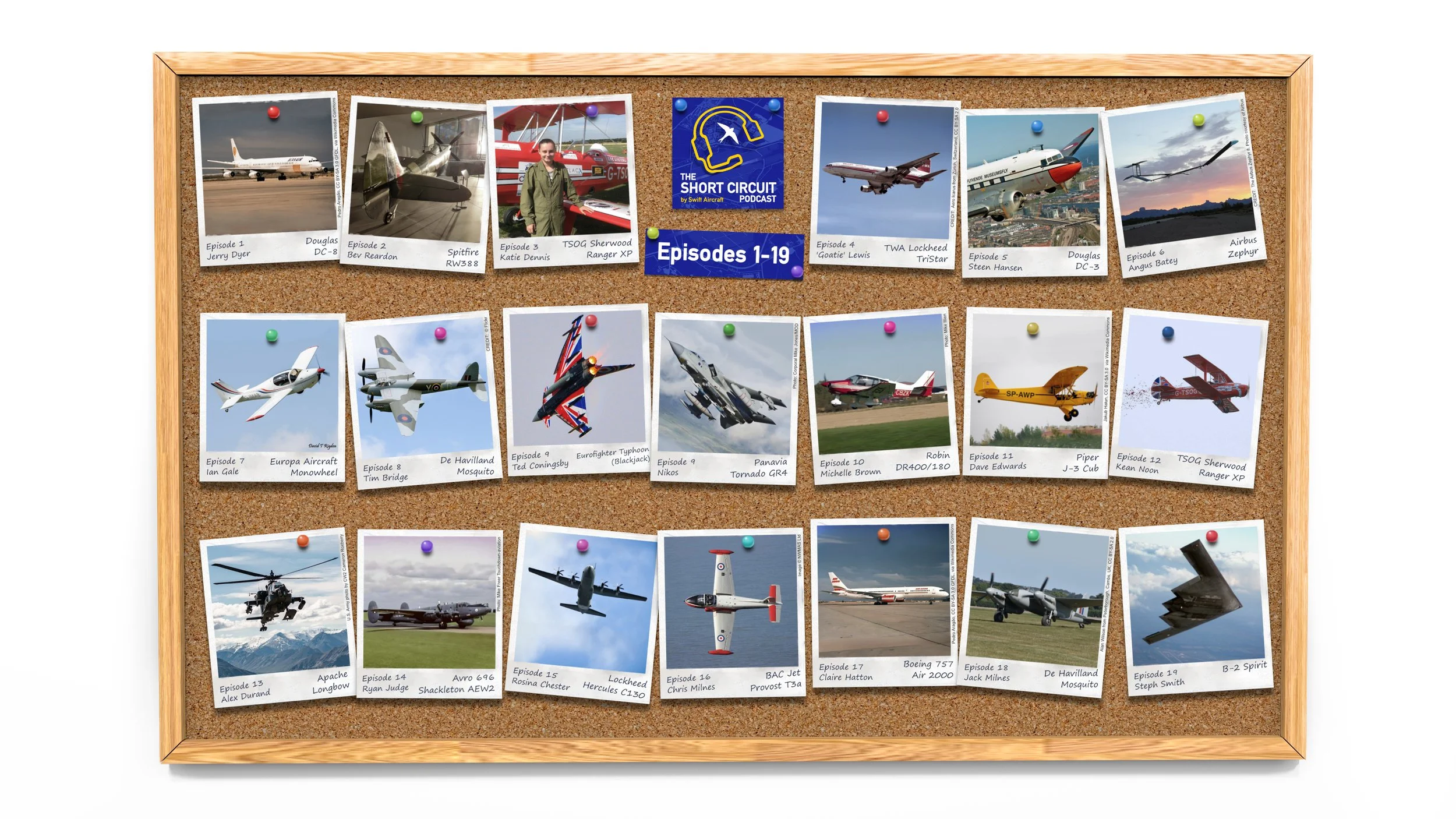 The Short Circuit Podcast corkboard with inspiring aeroplanes, aircraft including jets, propeller planes, and military helicopters. Swift aircraft STEM podcast for inspiring aviators, pilots, engineers and leaders of the future.