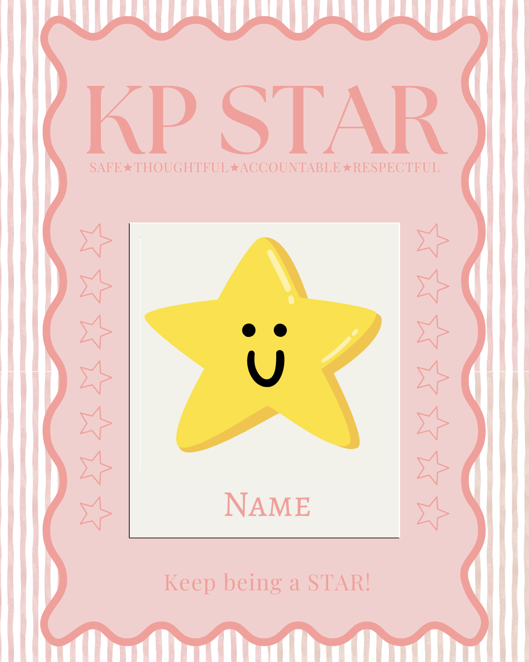 A pink award certificate with a yellow star cartoon with a smiley face in the center. The certificate has a decorative pink border, with the words "KP STAR" at the top, and a motivational message at the bottom.