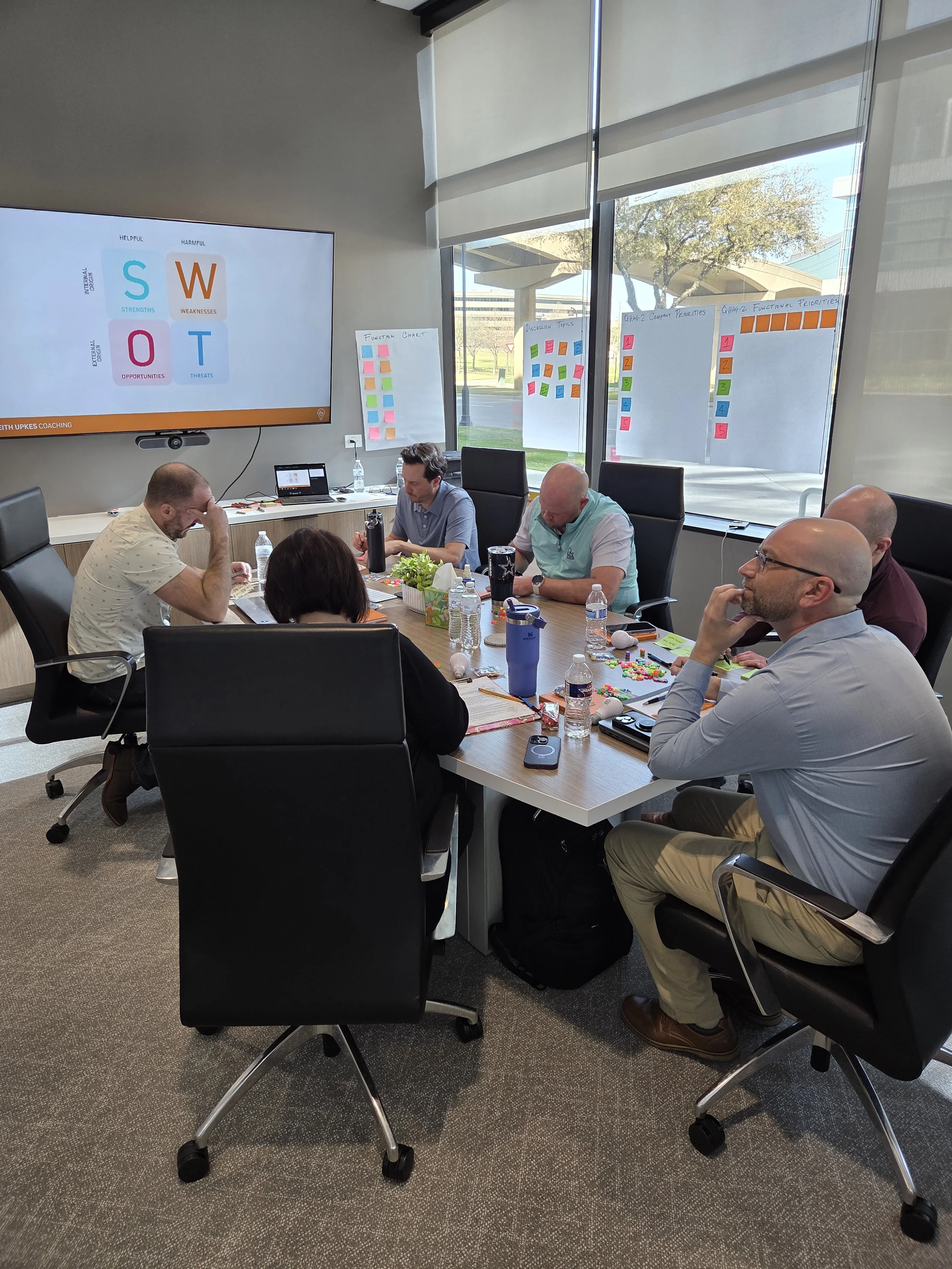 A group of people sitting around a conference table with coffee bottles, snacks, laptops, and papers, engaged in a meeting or workshop inside a modern office with large windows and a whiteboard with sticky notes.