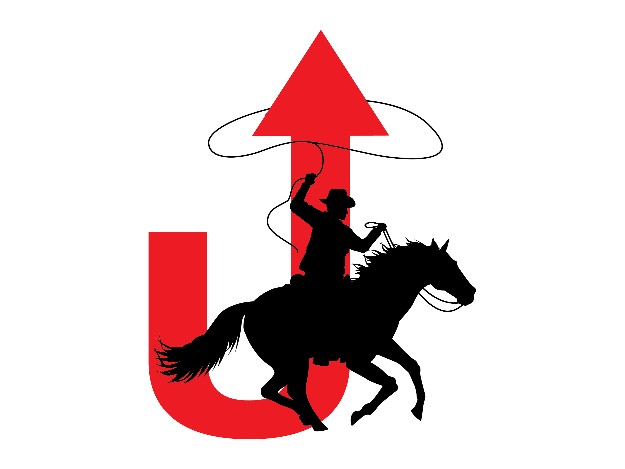 A silhouette of a cowboy riding a bucking horse with a large red arrow pointing upward behind them.