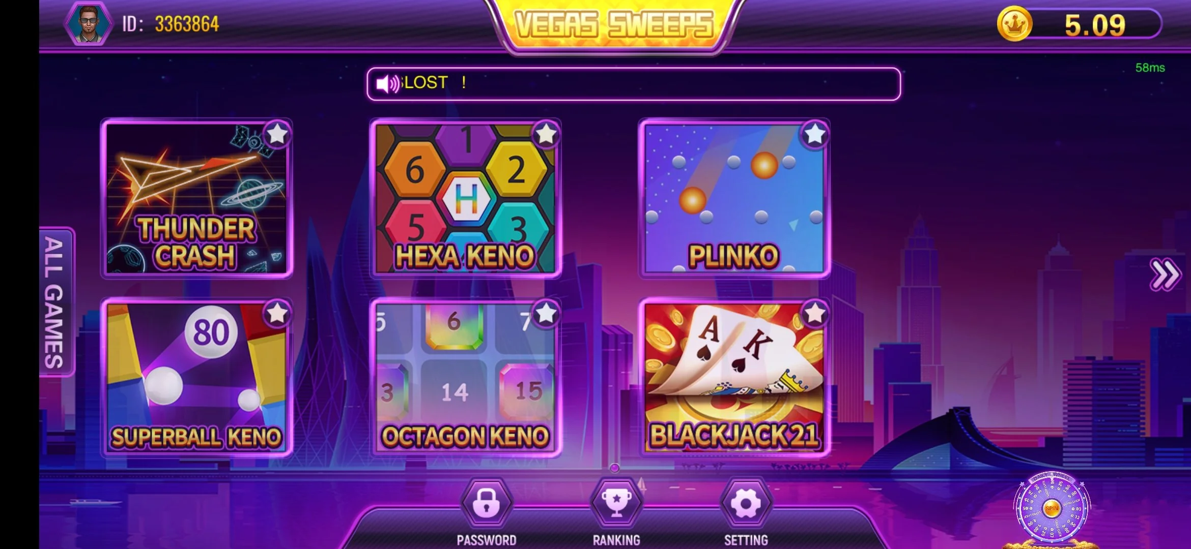 Vegas Sweeps Slot Game Lobby