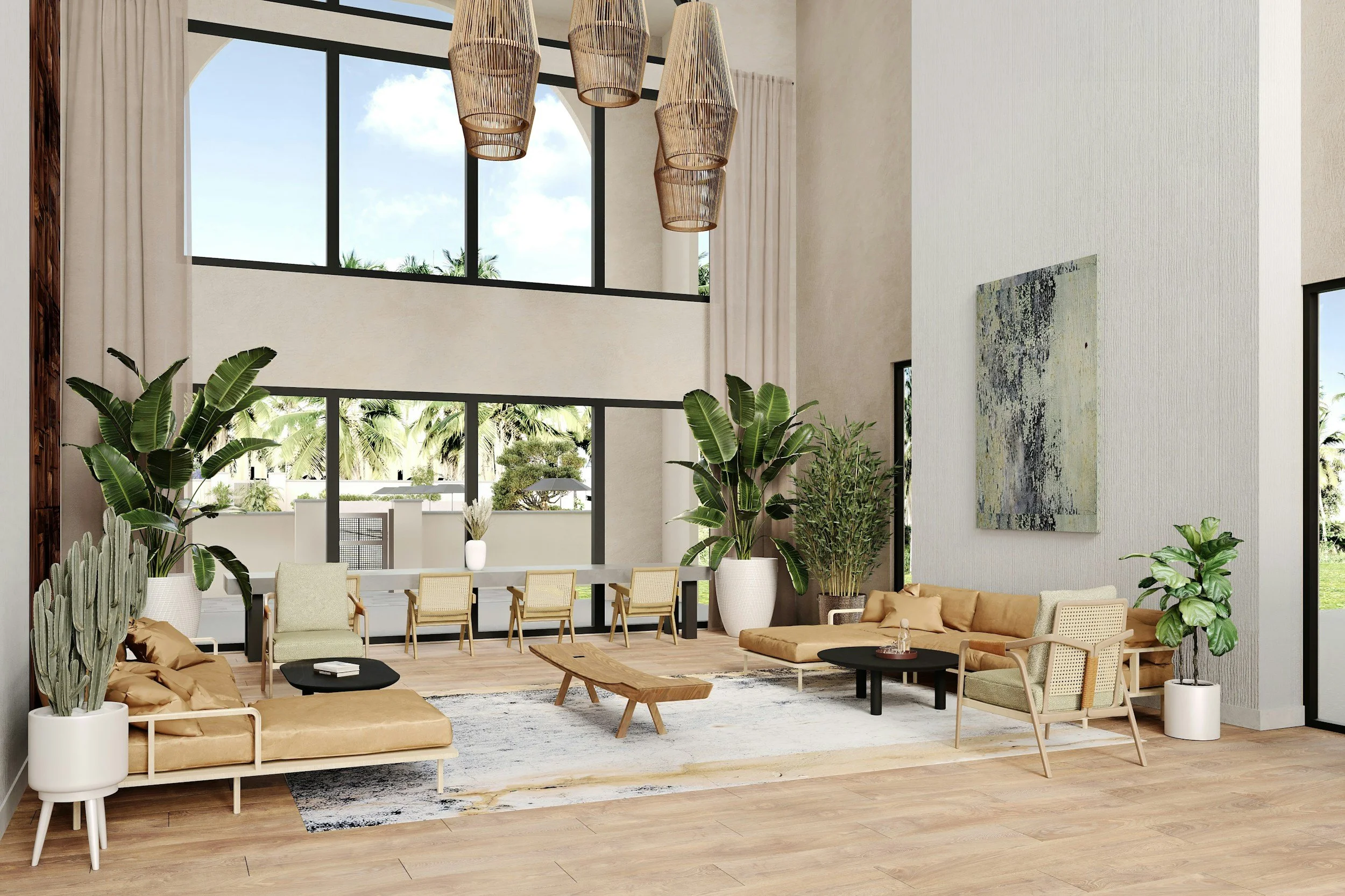 Bright living room with large windows, high ceiling, and hanging rattan light fixtures. The space features beige and neutral-toned furniture, potted plants, and abstract wall art. There's a dining area with a long table and chairs, and a cozy seating area with a sofa and armchairs.