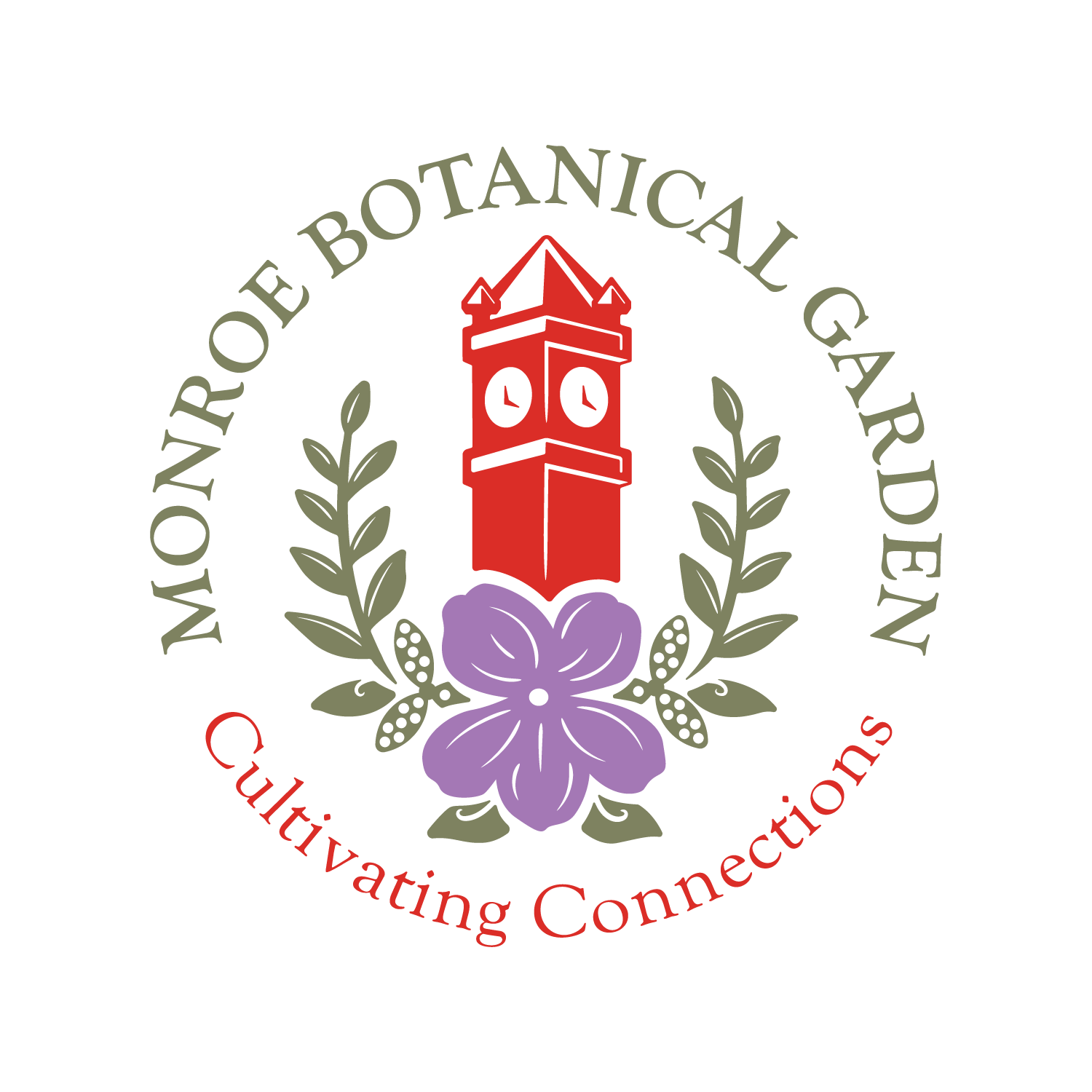 Logo of the Monroe County Botanical Garden, featuring a red clock tower in the center, flanked by green leaves, topped with a purple flower, with text around it.