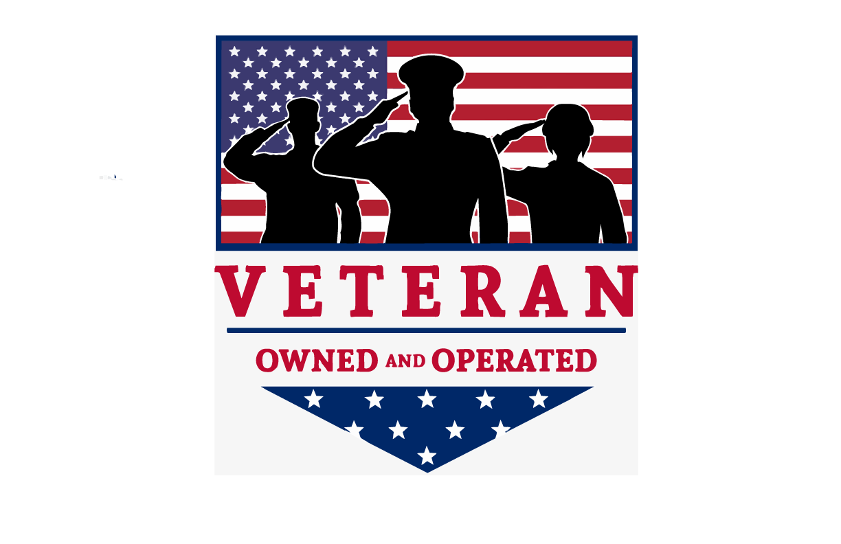 Silhouettes of three military veterans saluting in front of a large American flag, with the words "VETERAN OWNED AND OPERATED" written below.