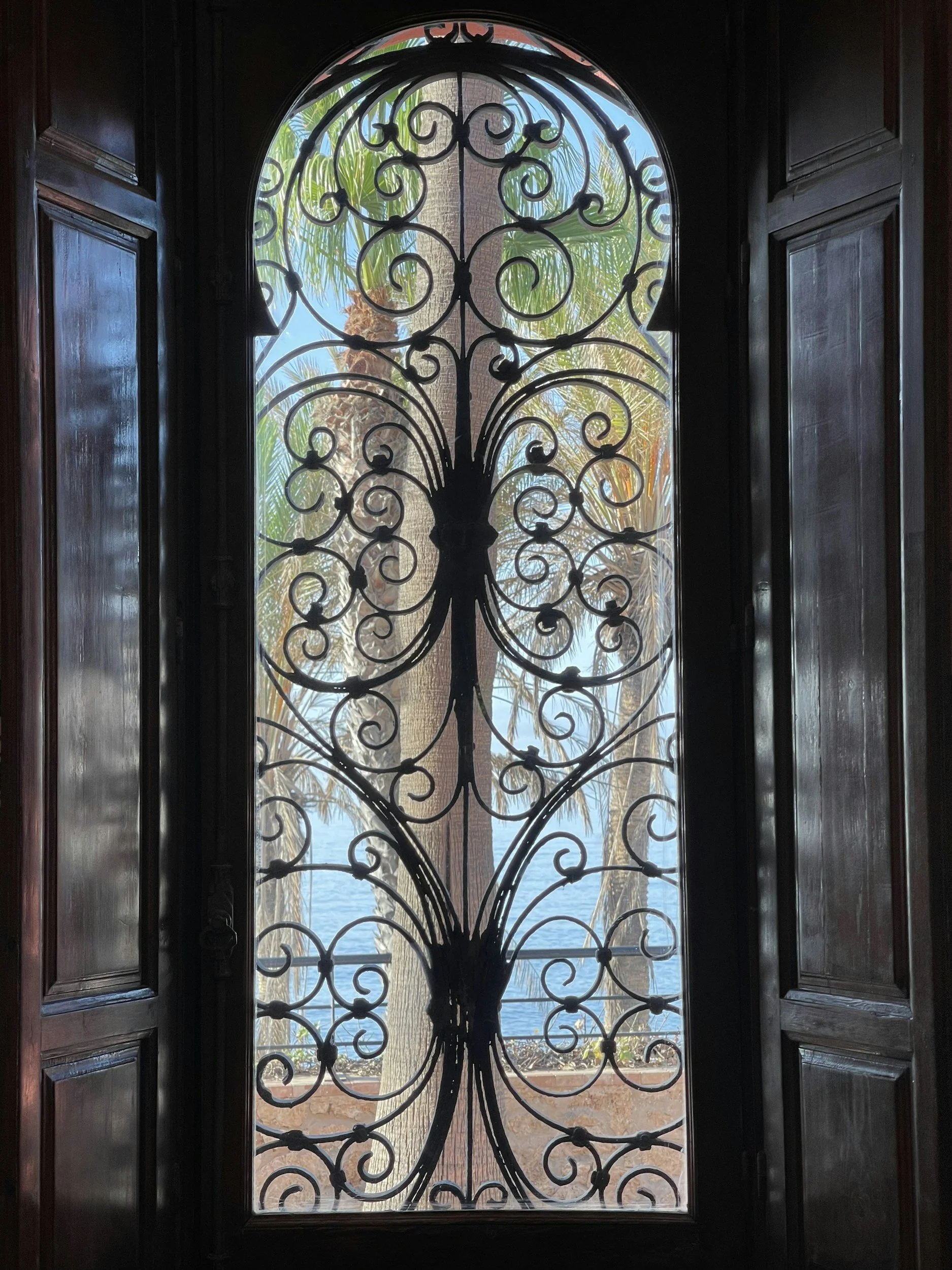 Ornate wrought iron gate with floral and scroll patterns, seen through an arched window with wooden frame, overlooking palm trees and a body of water outside.