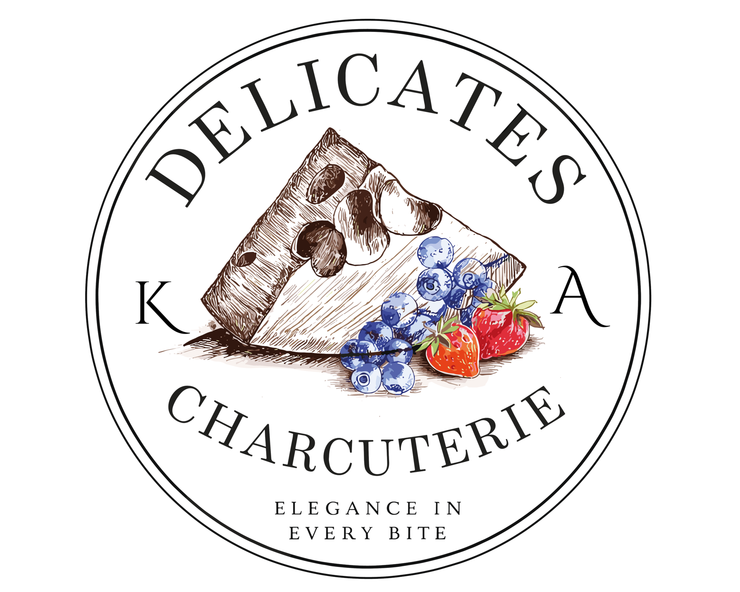 Round logo with the text "Delicatess" at the top and "Charcuterie" at the bottom, features an illustration of a cheese wedge topped with blueberries and strawberries, with the phrase "Elegance in Every Bite" written across the bottom.