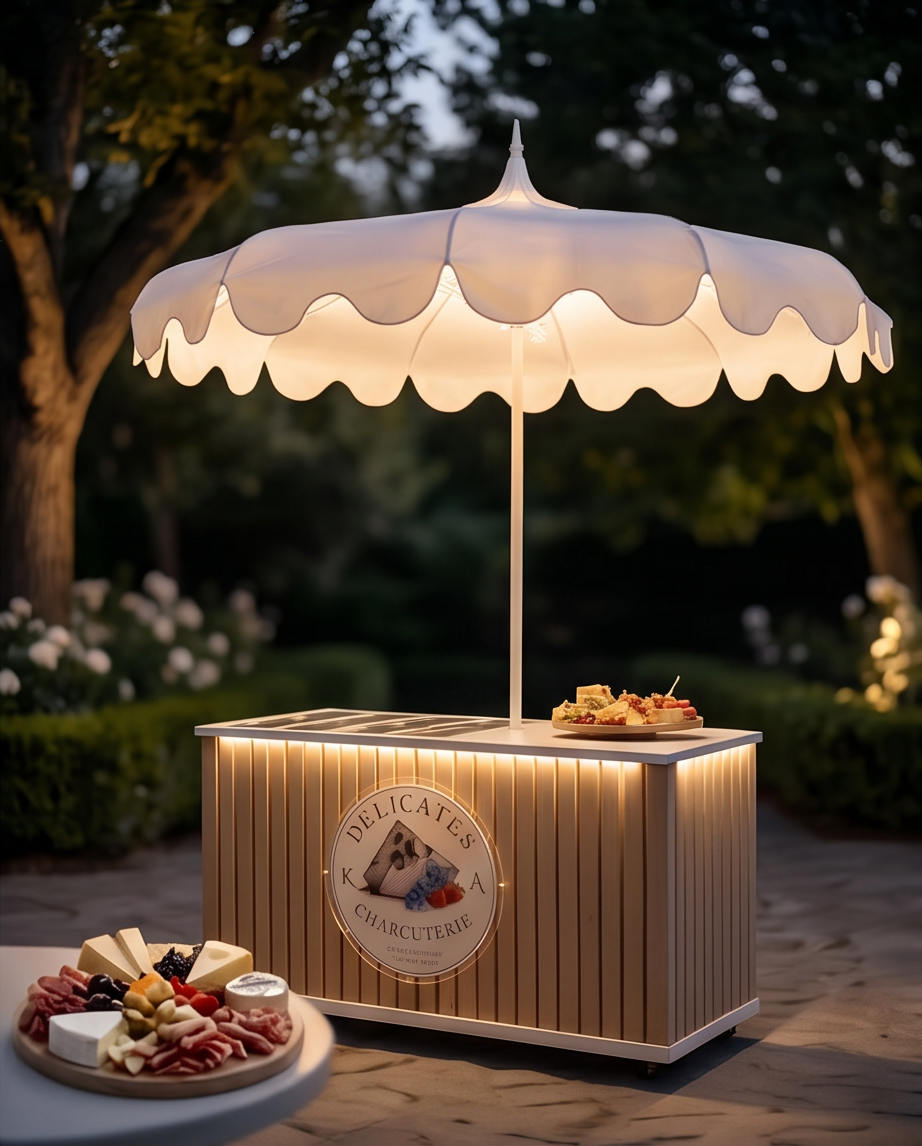 Outdoor charcuterie and cheese stand with a white canopy, illuminated at dusk, displaying assorted meats, cheeses, and fruits, with a sign that says 'Delicates Charcuterie' in the front.