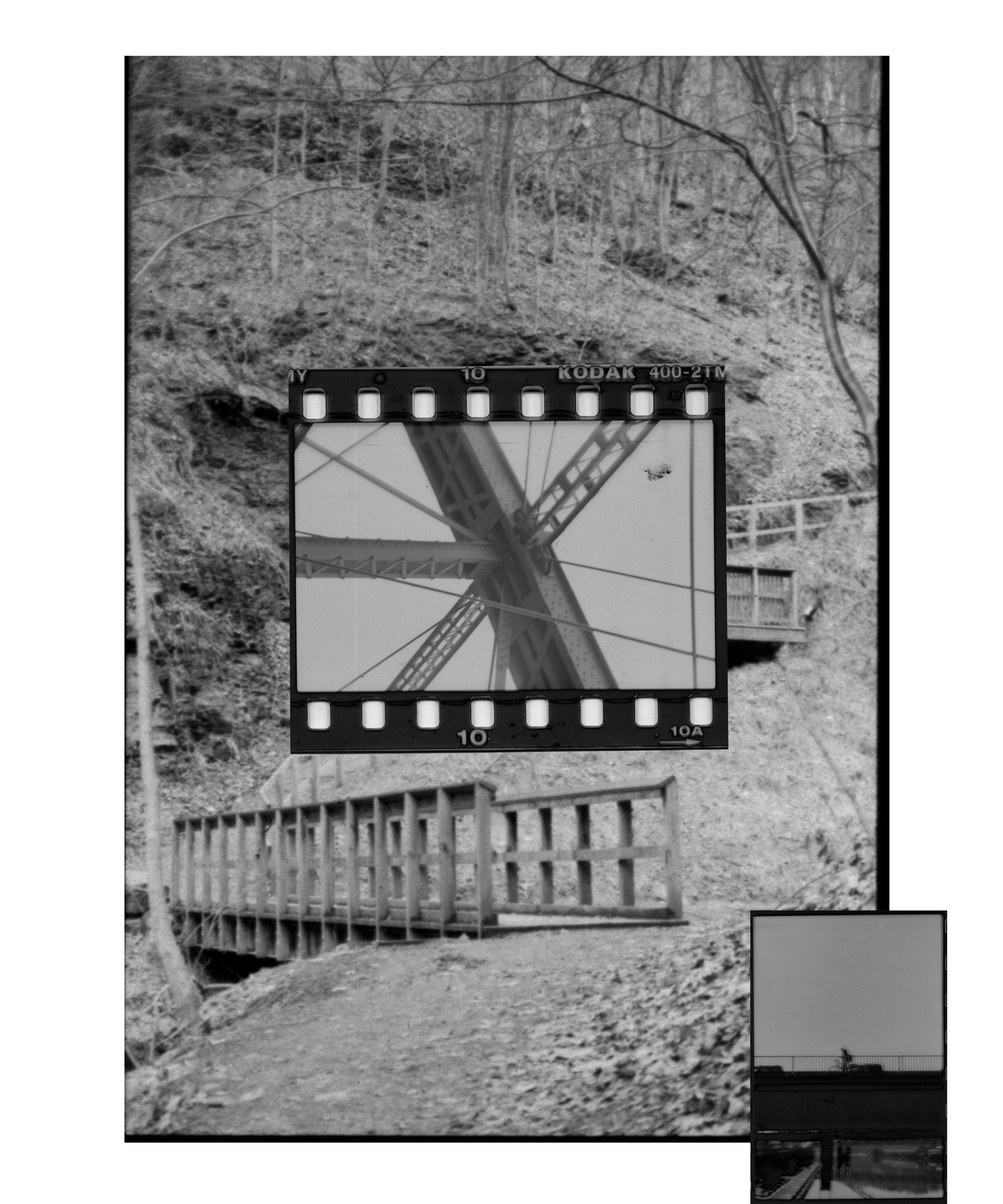 Black and white photo of a park with leafless trees and a wooden footbridge over a small creek. A film strip overlay shows a close-up of a tower structure from underneath, and a small inset photo at the bottom right depicts a train on a bridge.