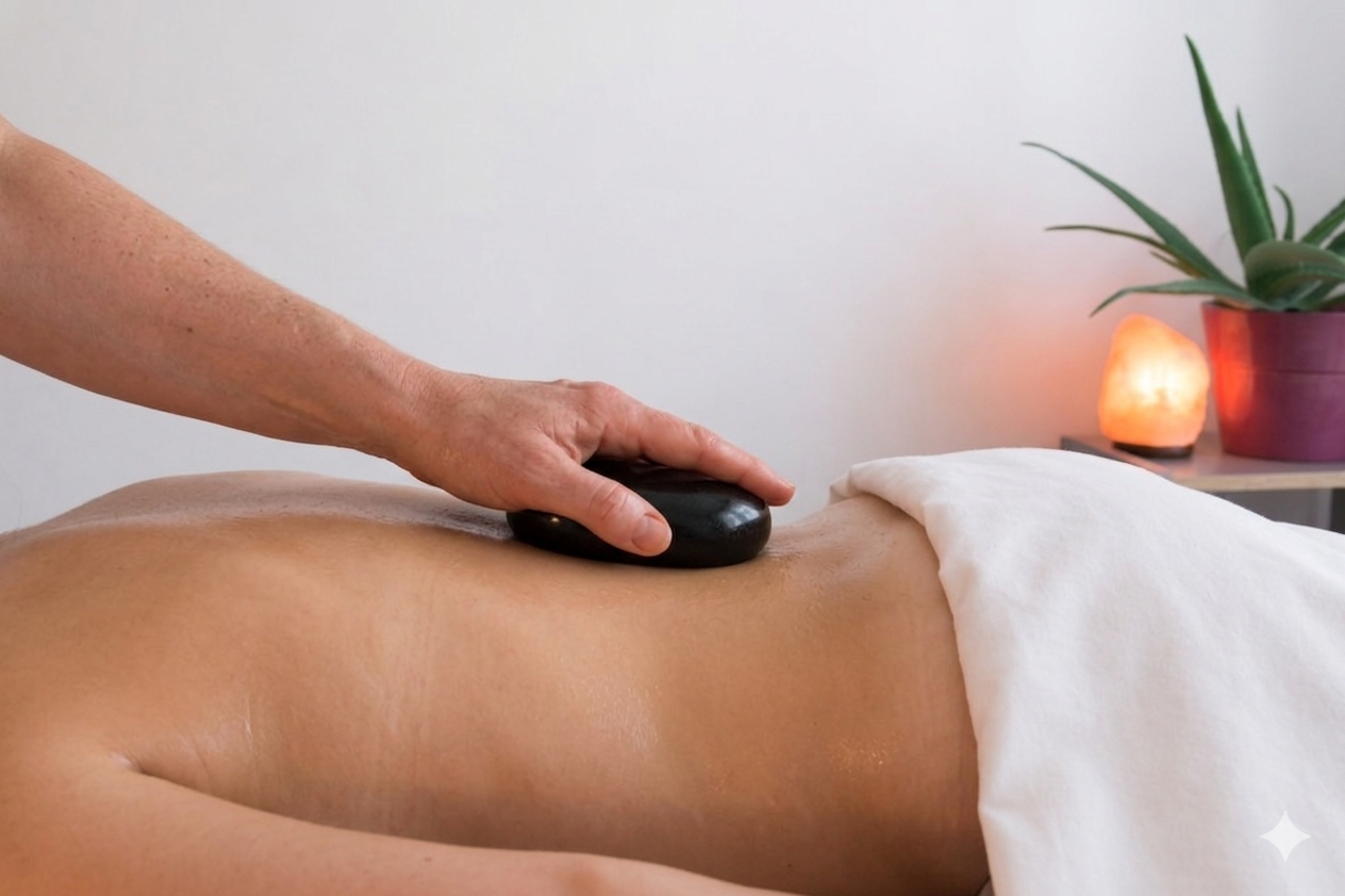 Person receiving a hot stone massage on their back in a spa setting with a salt lamp and potted plant in the background.