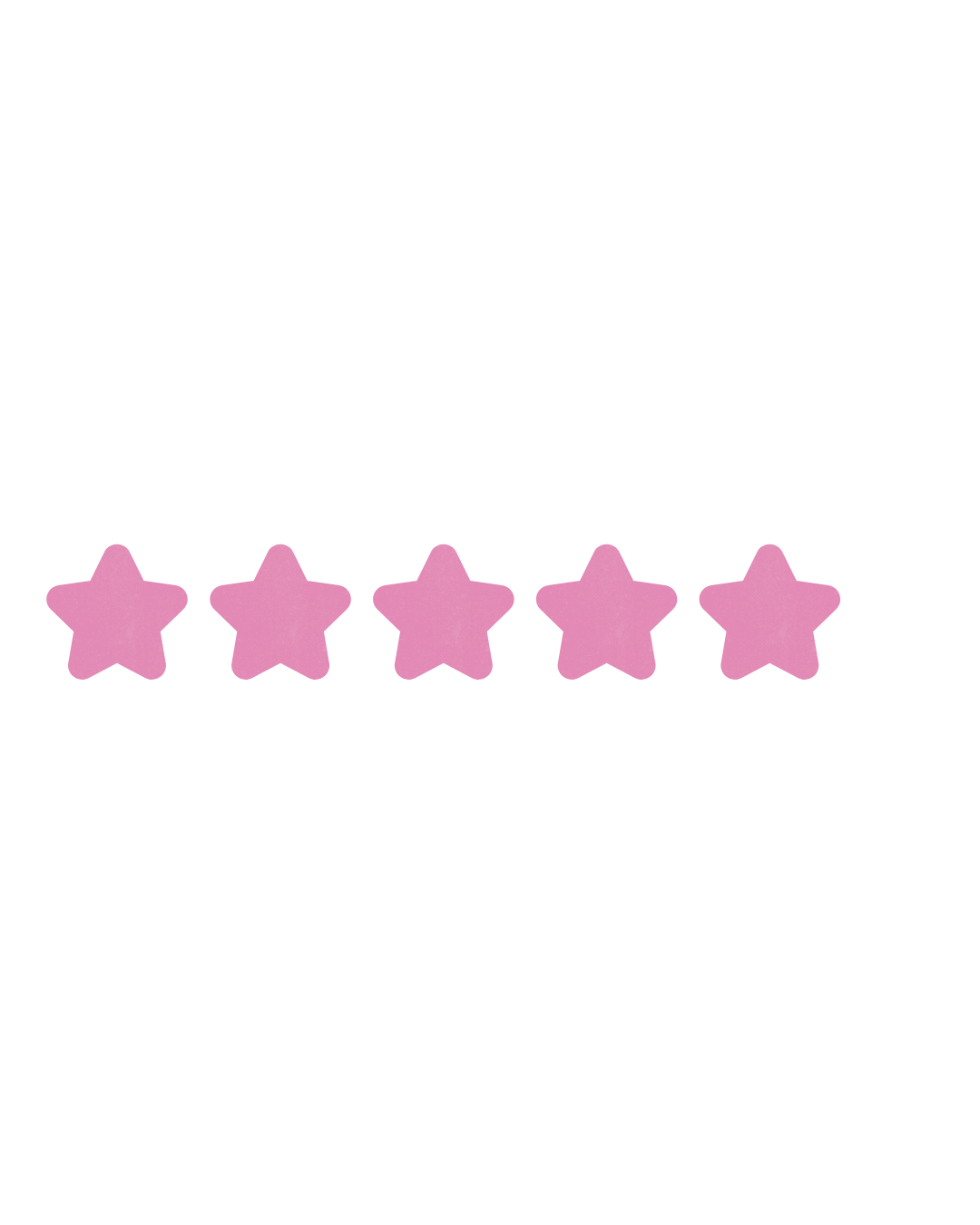 Five pink stars with a black five-star rating scale above and a five-star rating below.