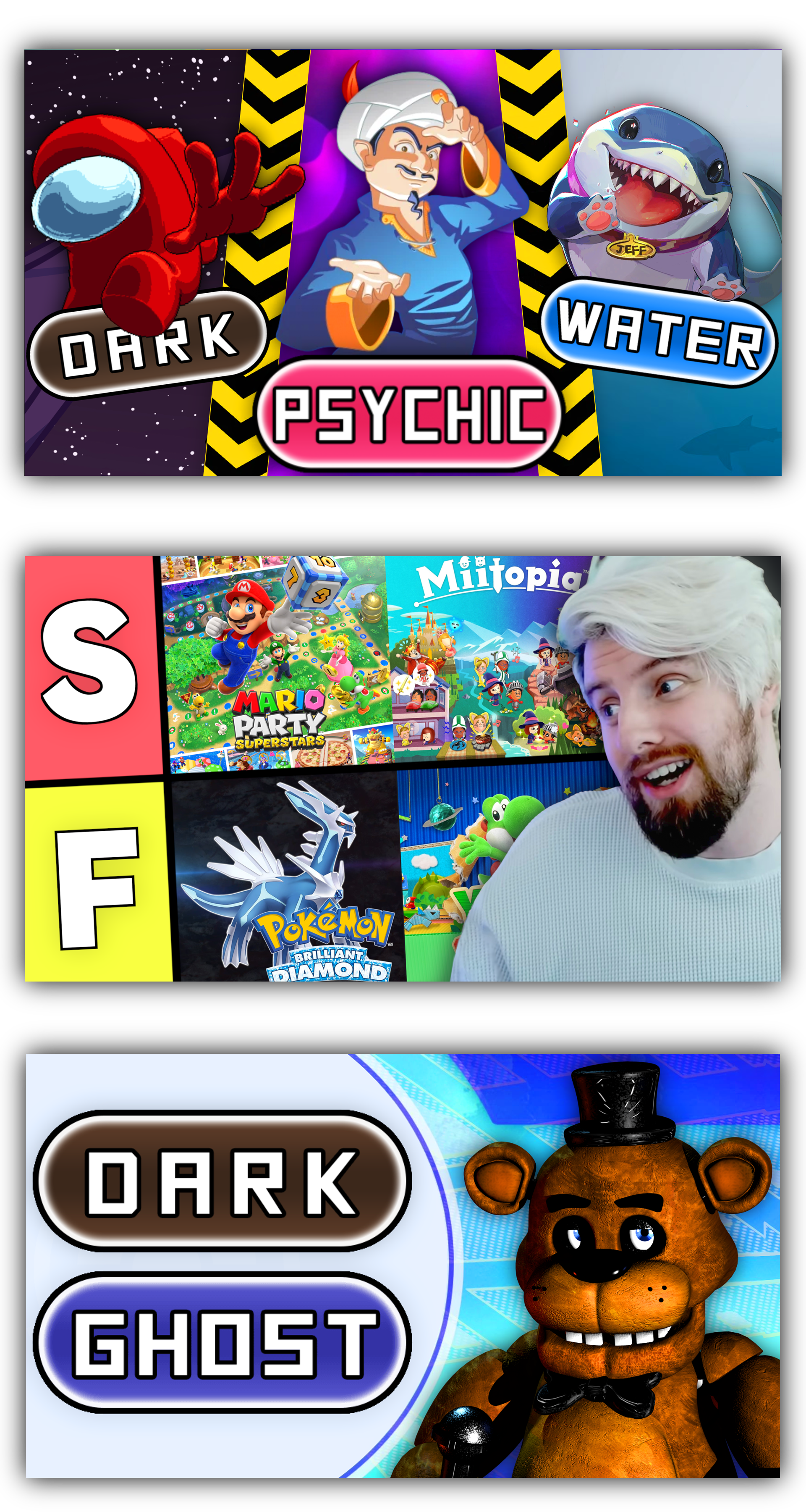 Poster showcasing various video game characters and titles, including 'Dark Psychic Water', 'Mario Party Superstars', 'Miitopia', and 'Pokémon Brilliant Diamond', with a man smiling in the background.