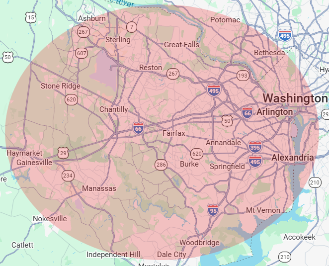 Map of areas around Washington, D.C., showing cities such as Arlington, Alexandria, Fairfax, Reston, Sterling, and others, with highway routes like I-66, I-495, and I-95.