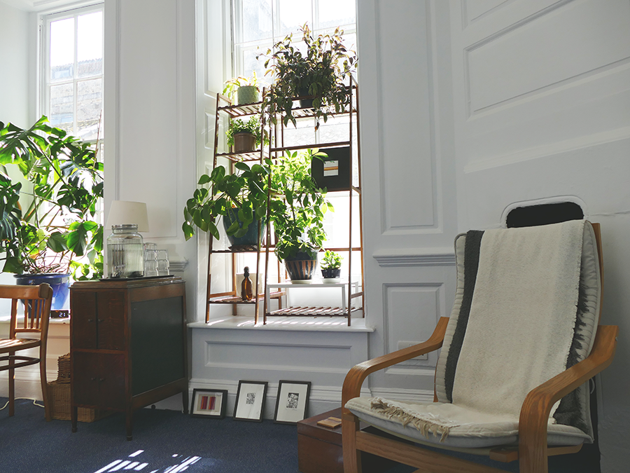 A sunlit therapy room, plants on shelves in the window, comfortable easy chair.