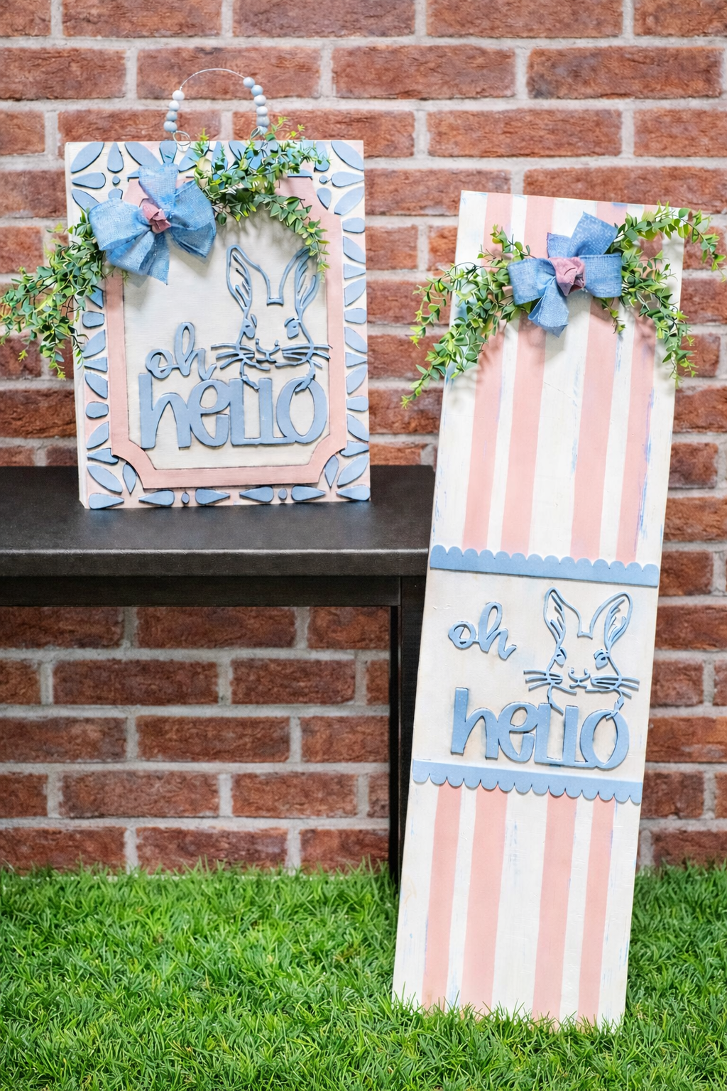 🐰 “Oh Hello” Bunny Porch Leaner & Door Hanger Set – Spring Decor
