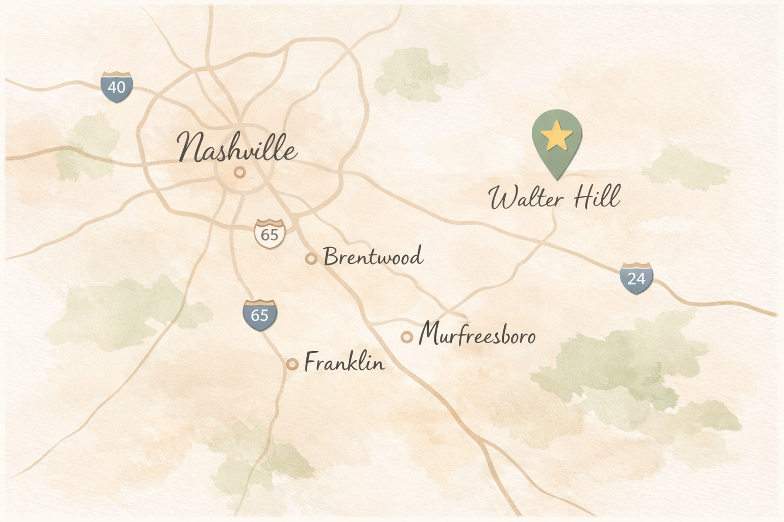 Map of Nashville, Tennessee and surrounding areas, including Walter Hill marked with a star icon, with nearby towns like Brentwood, Franklin, Murfreesboro, and major highways.
