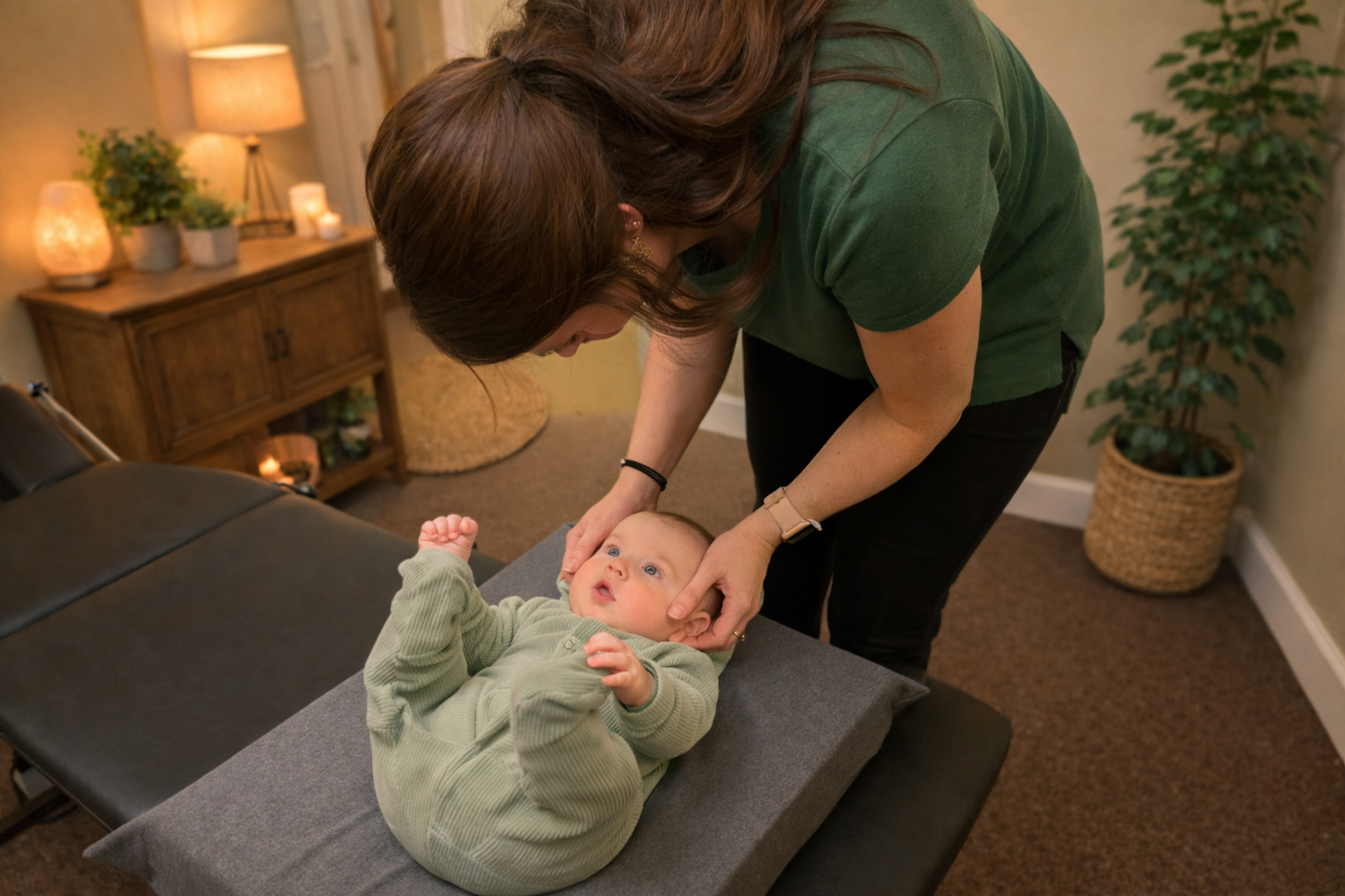 A woman checks a baby lying on a treatment table in a cozy room. The baby is looking up, dressed in green. The room has warm lighting, plants, and decorative lamps.