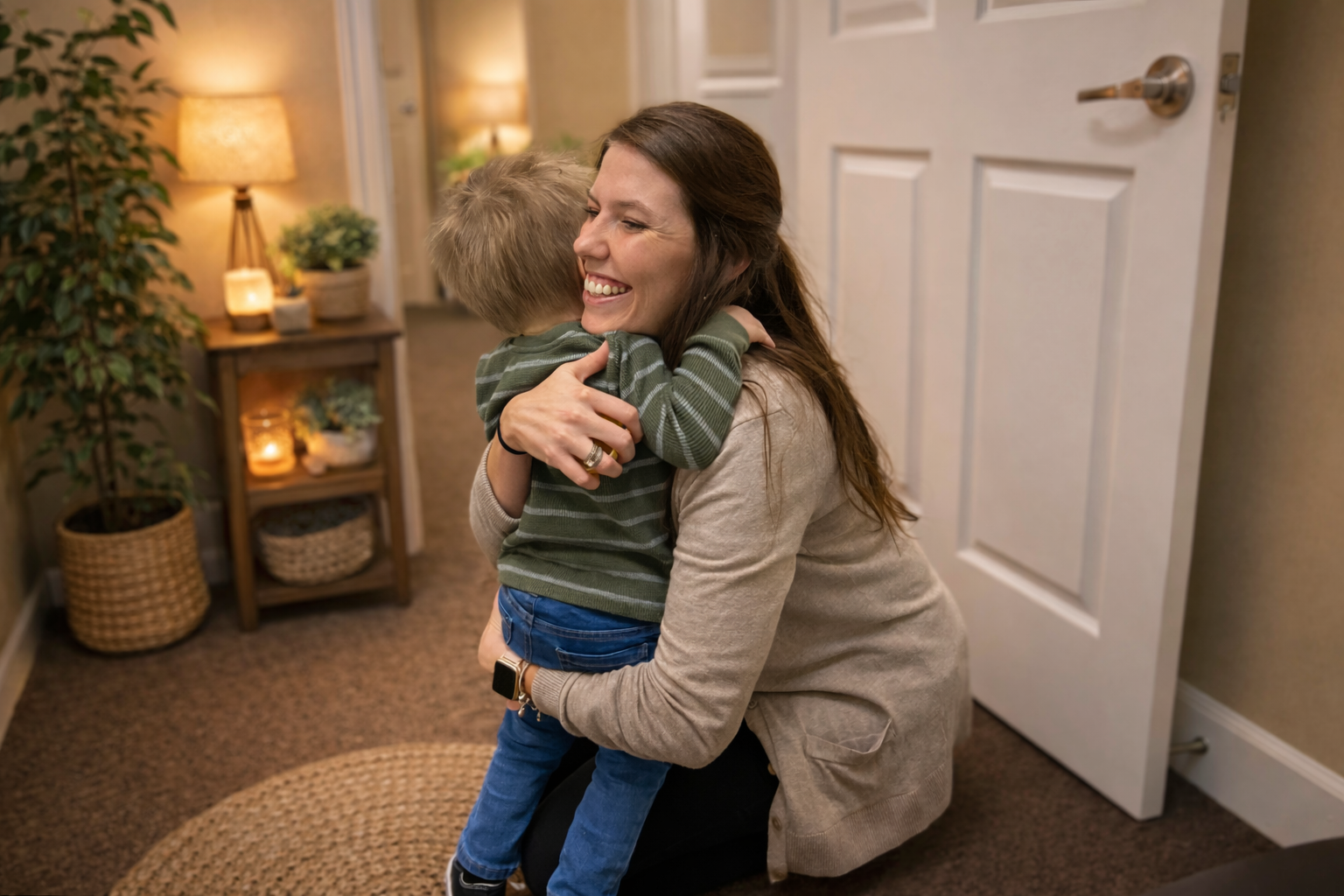 A woman with long brown hair hugging a young boy with blonde hair, both smiling, inside a warmly lit room with a door, a small table with plants, and candles.