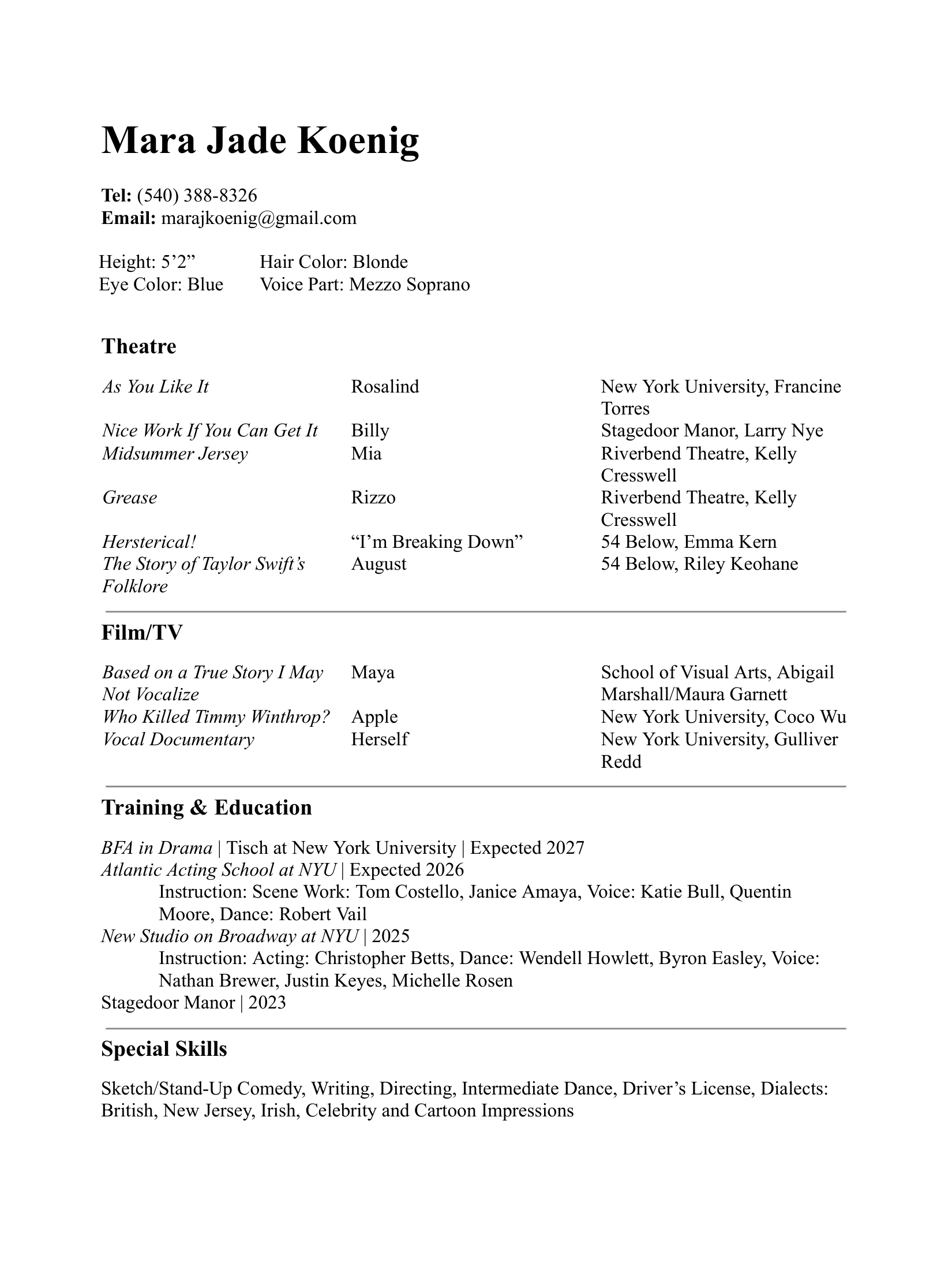 Photo of Photo of actress Mara Jade Koenig's resume