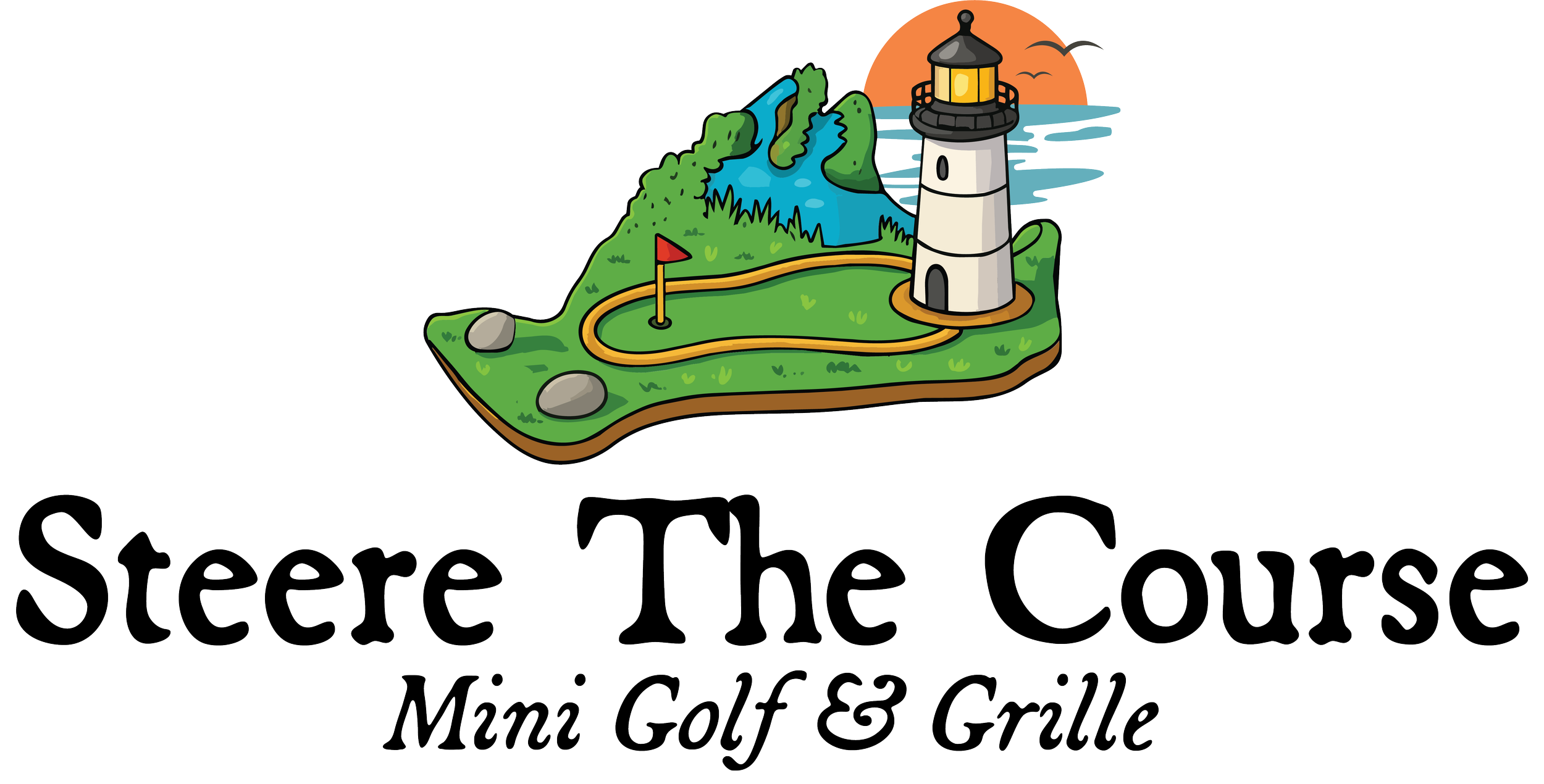 Logo for Steere The Course Mini Golf & Grille in the shape of Martha's Vineyard with a lighthouse, a winding golf path, water, rocks, and a sunset background.