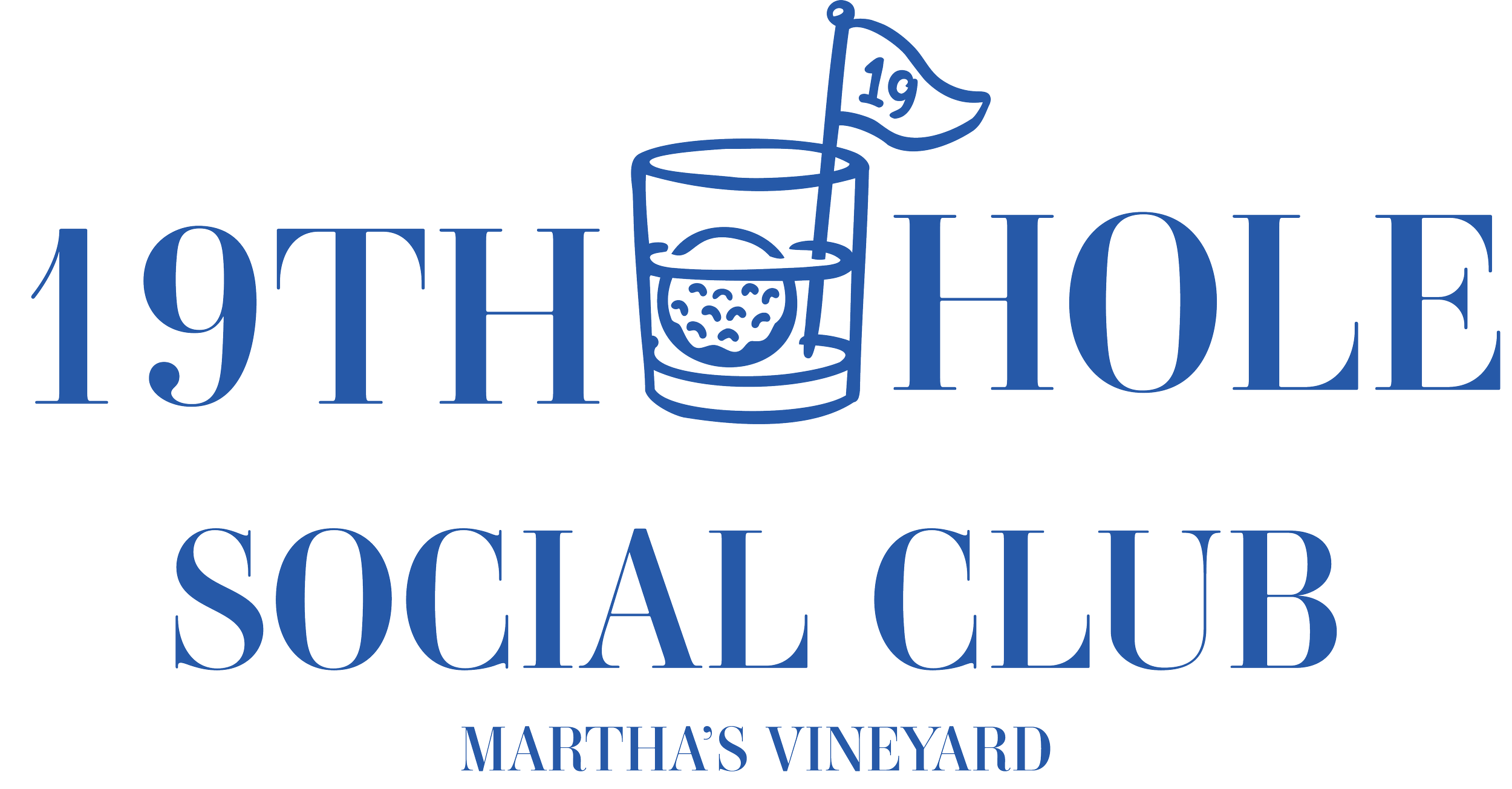 Logo of the 19th Hole Social Club at Martha's Vineyard featuring text and an illustration of a drink with a flag that says 19.