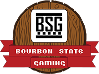 Logo for Bourbon State Gaming with a wooden background and a white computer monitor displaying "BSG"